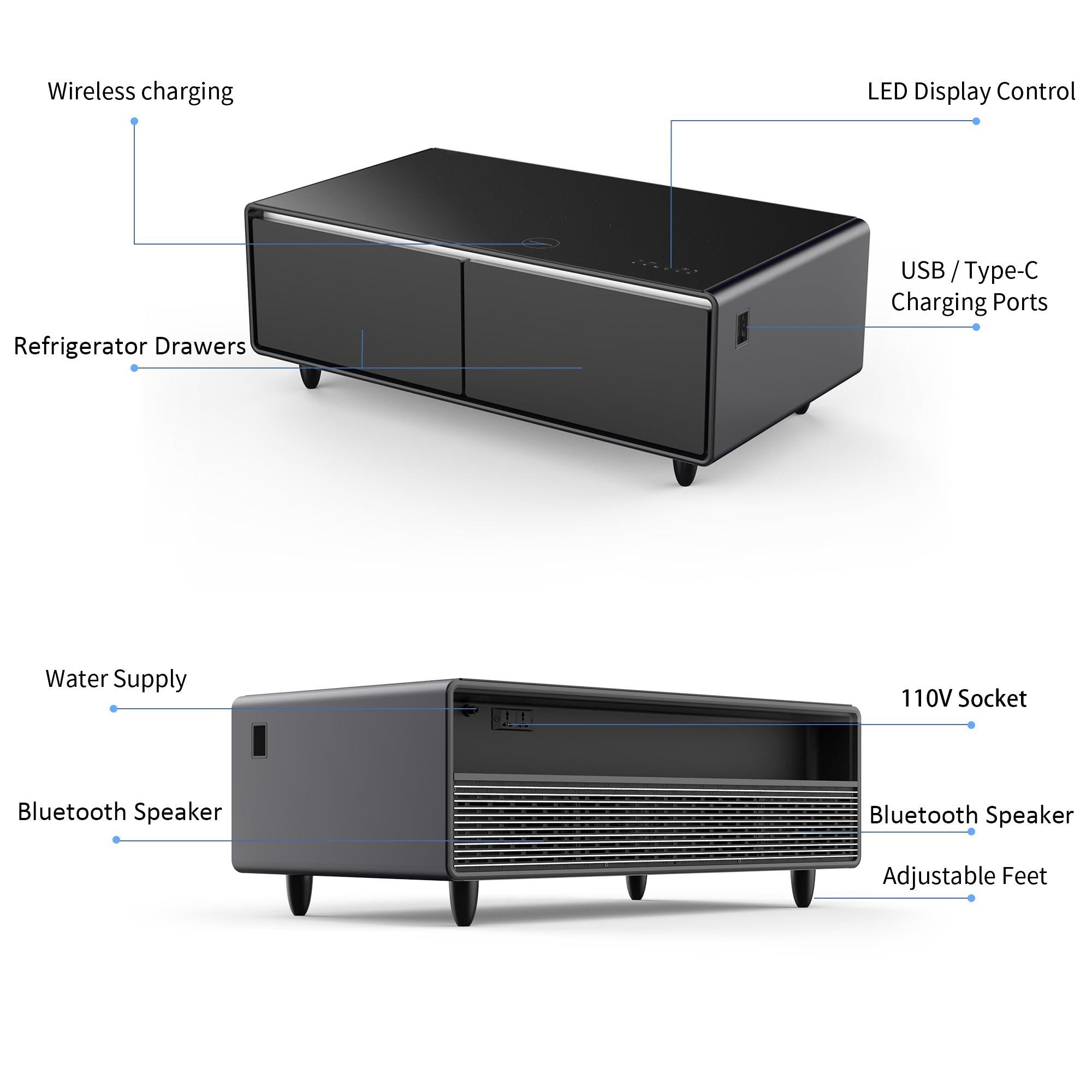 Modern Smart Coffee Table with Built-in Fridge, Bluetooth Speaker, Wireless Charging Module, Touch Control Panel, Power Socket, USB Interface, Outlet Protection, Atmosphere light, and More