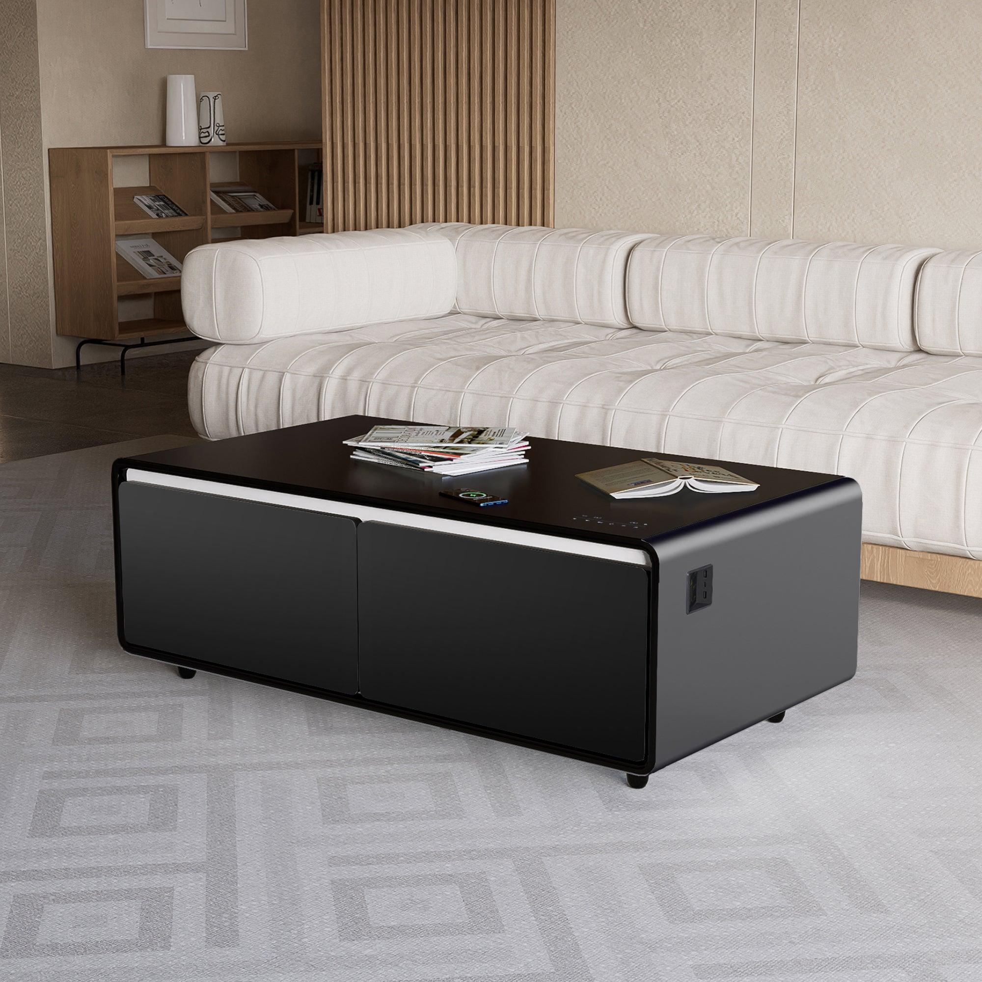 Modern Smart Coffee Table with Built-in Fridge, Bluetooth Speaker, Wireless Charging Module, Touch Control Panel, Power Socket, USB Interface, Outlet Protection, Atmosphere light, and More