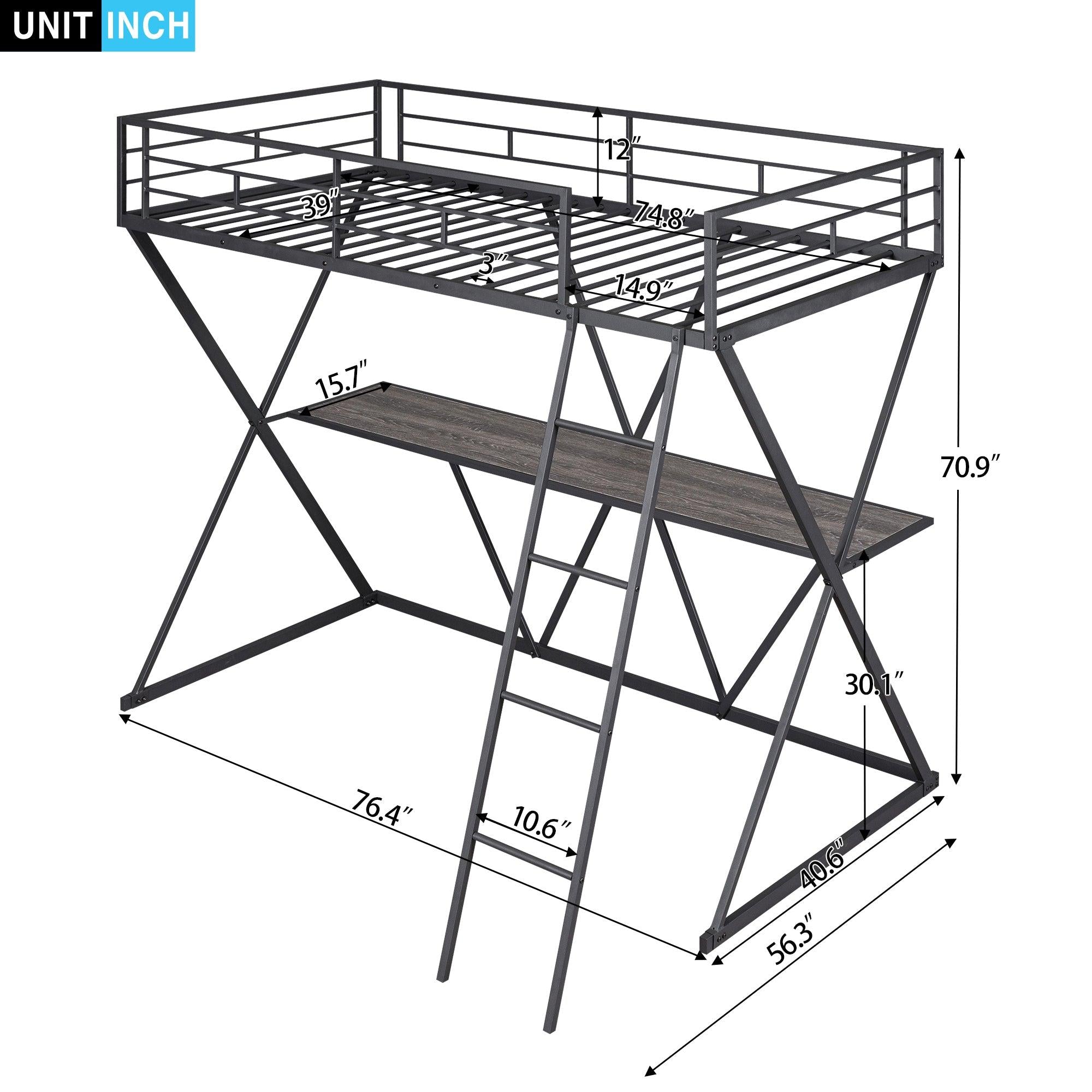 Twin Size Loft Bed with Desk, Ladder and Full-Length Guardrails, X-Shaped Frame, Black+B70608