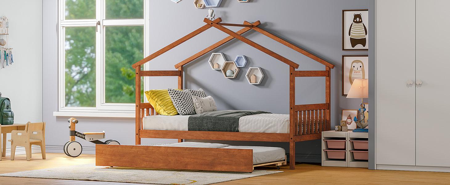 Twin Size Wooden House Bed with Twin Size Trundle, Walnut