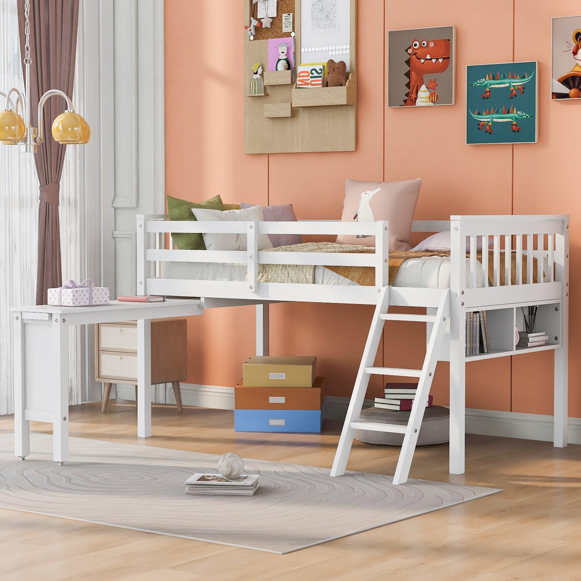 Twin Size Loft Bed With Removable Desk and Cabinet, White image