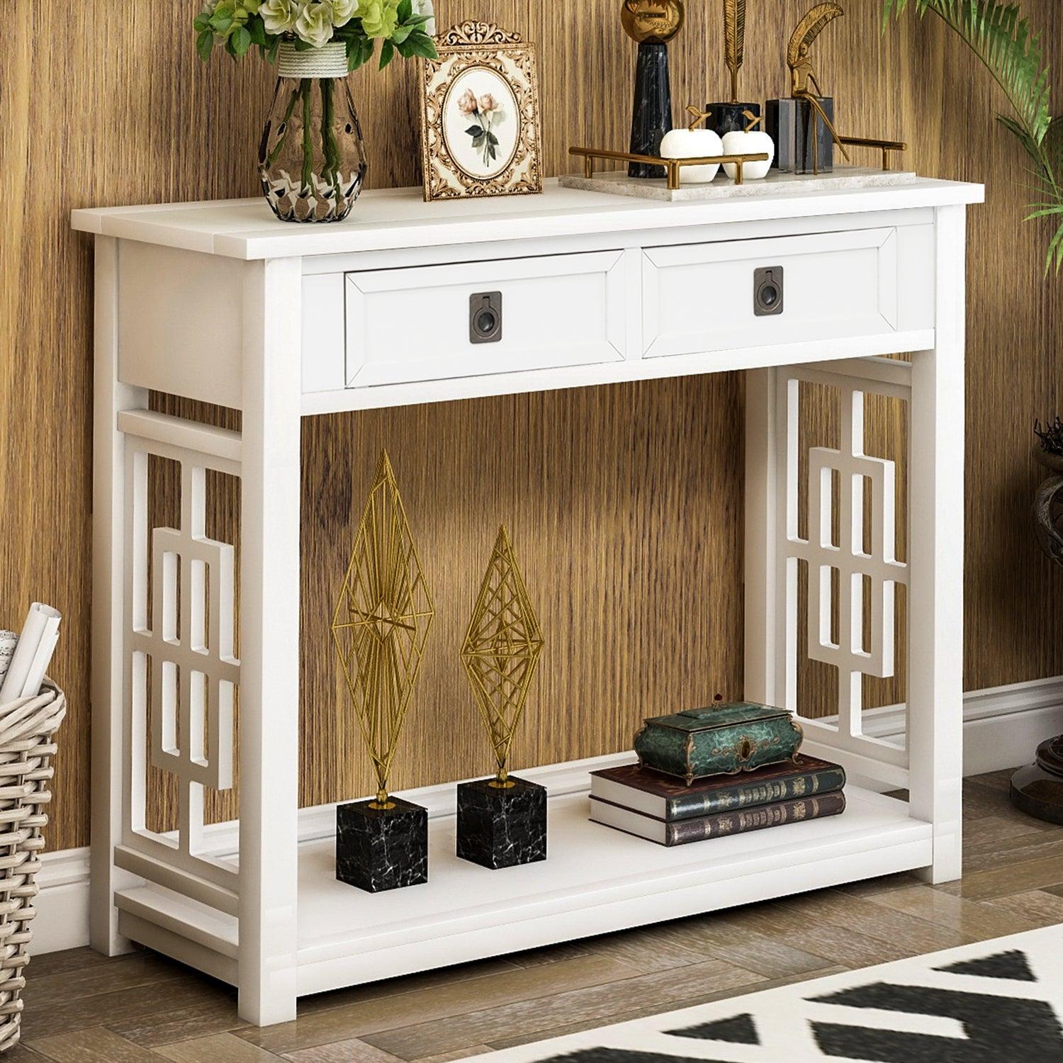 Console Table with 2 Drawers and Bottom Shelf, Entryway Accent Sofa Table (White) image