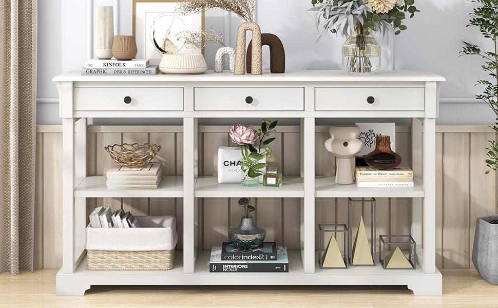 Retro Console Table/Sideboard with AmpleStorage, Open Shelves and Drawers for Living Room (Antique White)