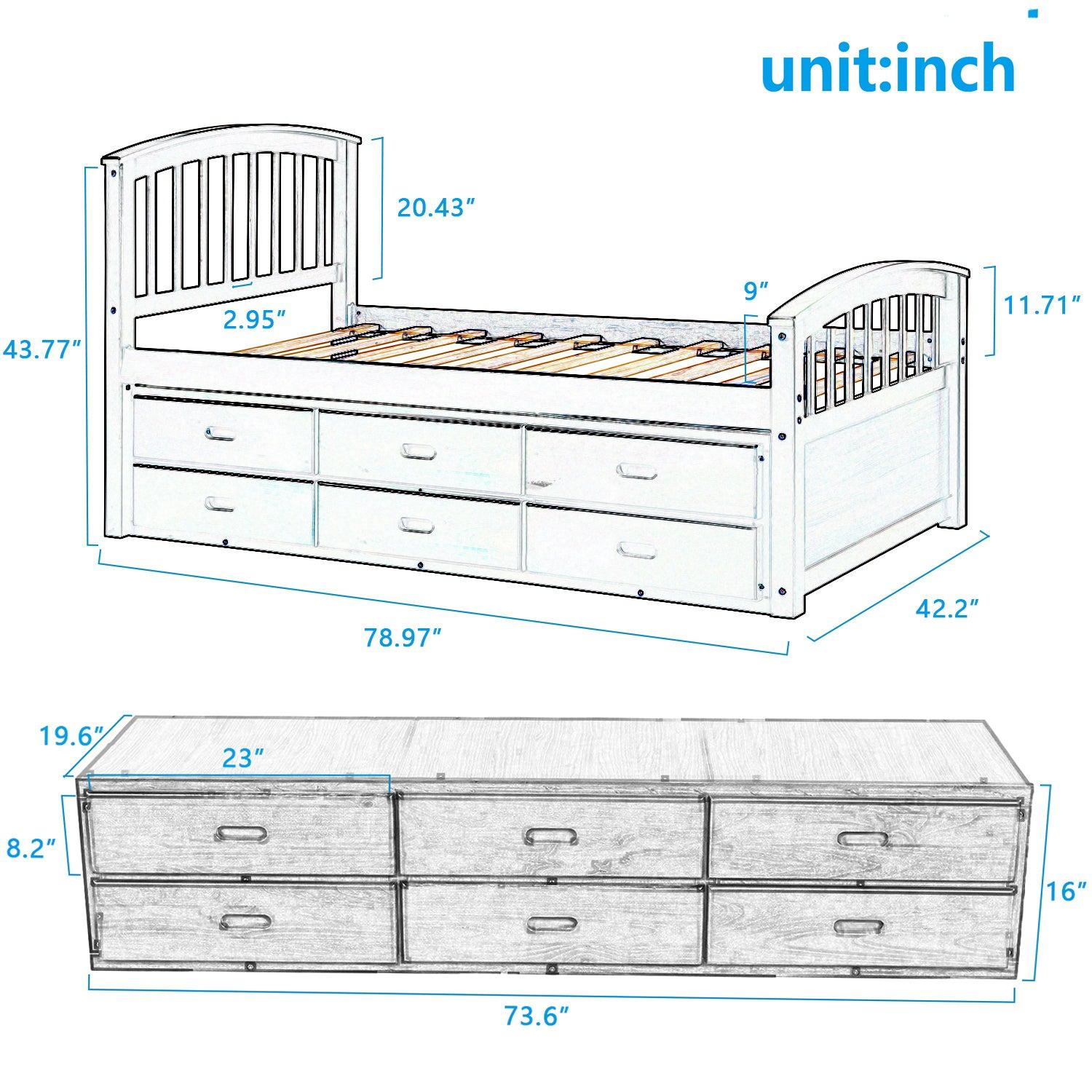 Twin Size PlatformStorage Bed Solid Wood Bed with 6 Drawers