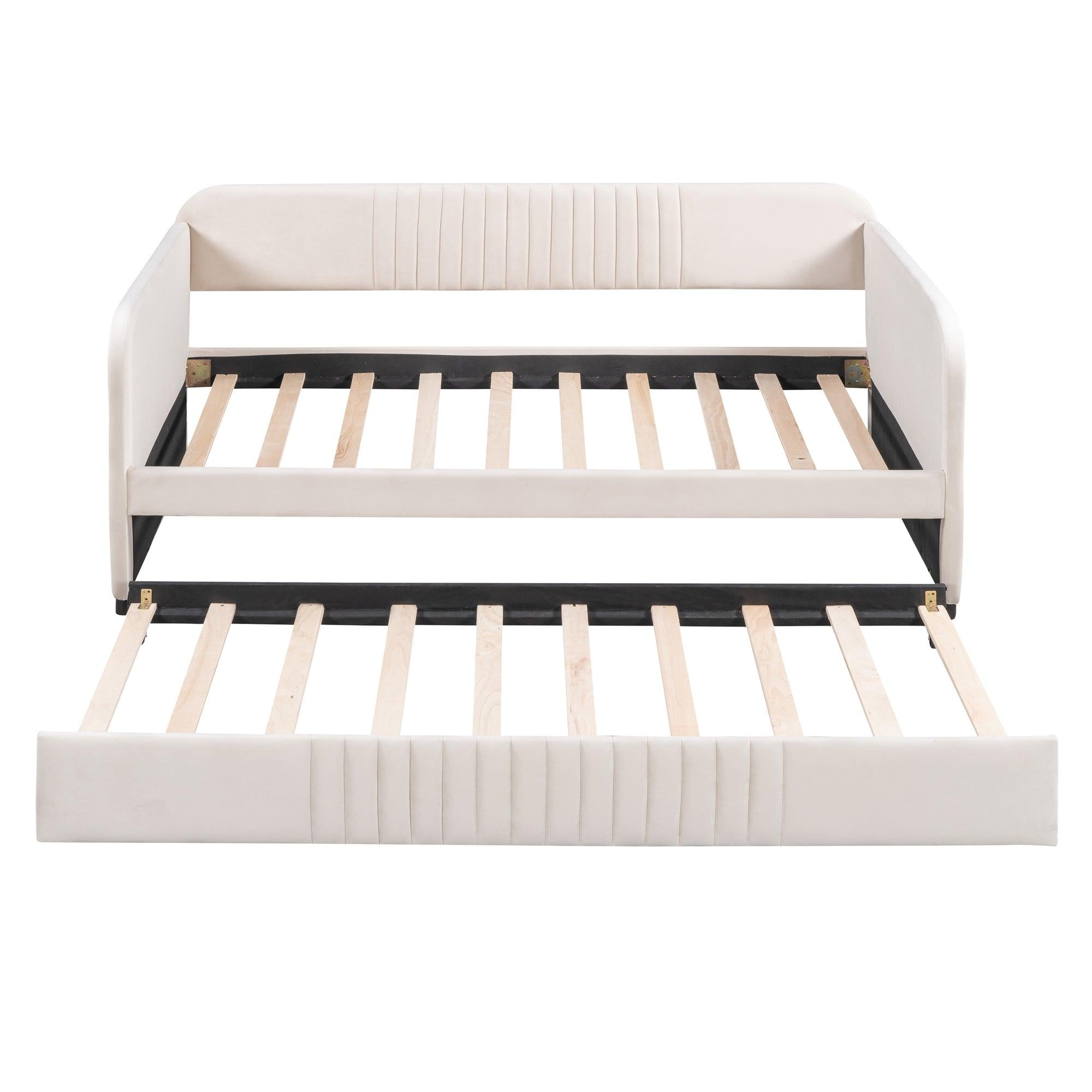 Upholstered Daybed Sofa Bed Twin Size With Trundle Bed and Wood Slat ,Beige