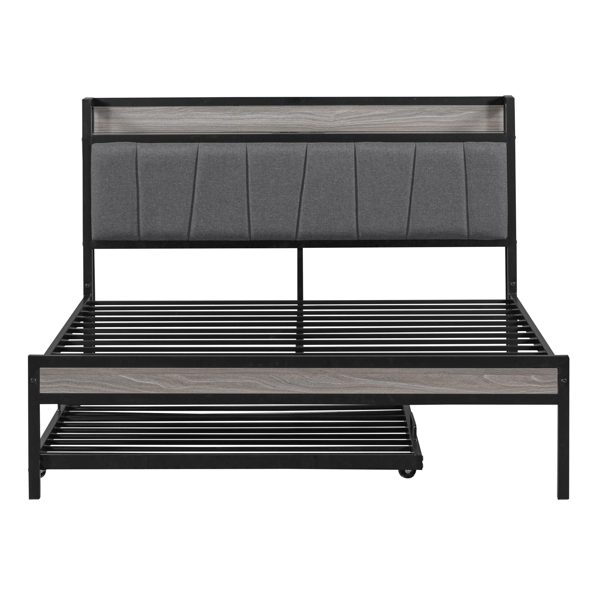 Full Size Metal Platform Bed Frame with Twin size trundle, Upholstered headboard ，Sockets, USB Ports and Slat Support ,No Box Spring Needed，Black