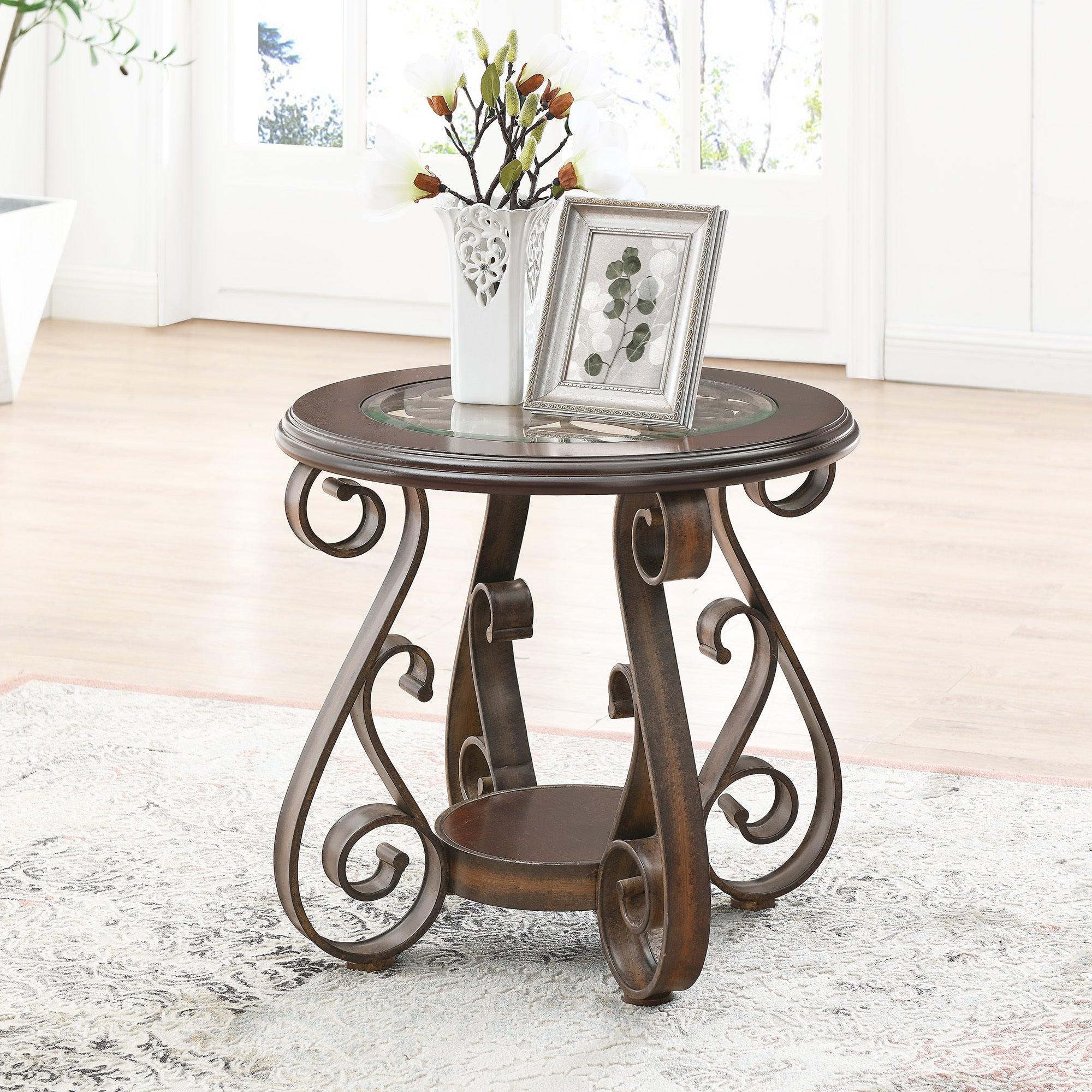 End Table with Glass Table Top and Powder Coat Finish Metal Legs，Dark Brown （25.5"X25.5"X23.5") image