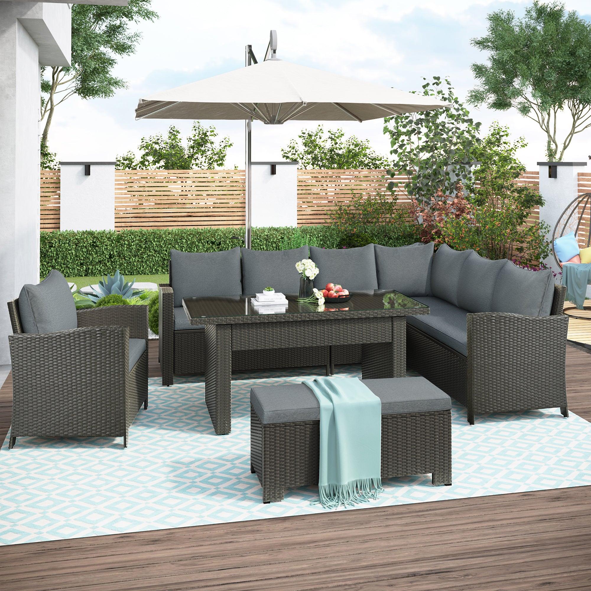 Patio Furniture Set, 6 Piece Outdoor Conversation Set, Dining Table Chair with Bench and Cushions image