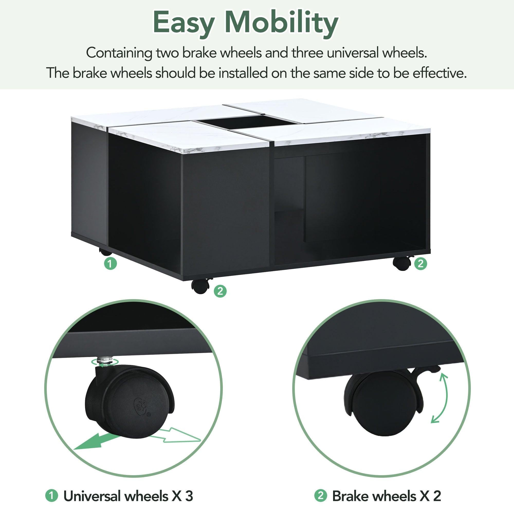 Modern 2-layer Coffee Table with Casters, Square Cocktail Table with Removable Tray，UV High-gloss Marble Design Center Table for Living Room，31.4”x 31.4”