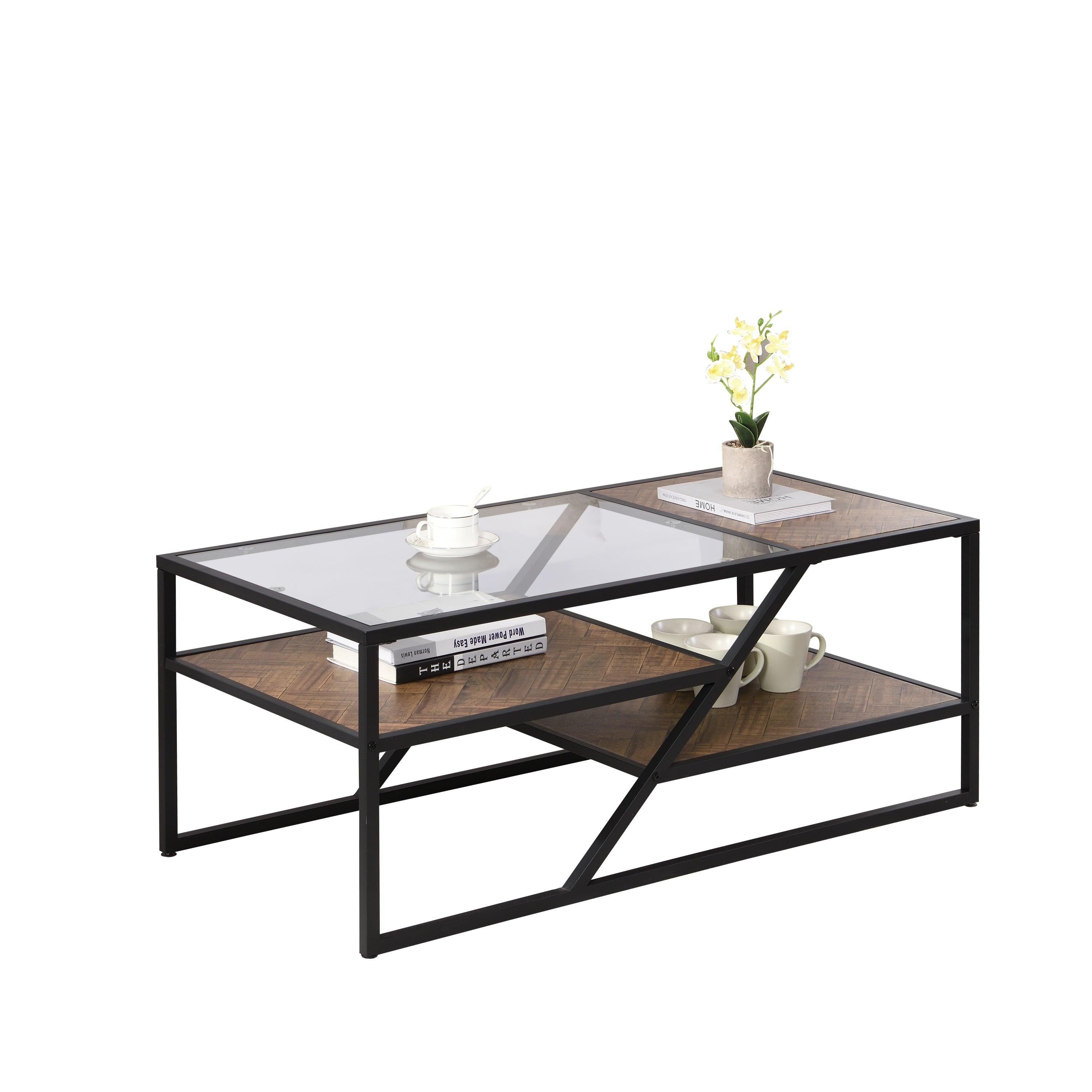 Black Coffee Table withStorage Shelf, Tempered Glass Coffee Table with Metal Frame for Living Room&Bedroom