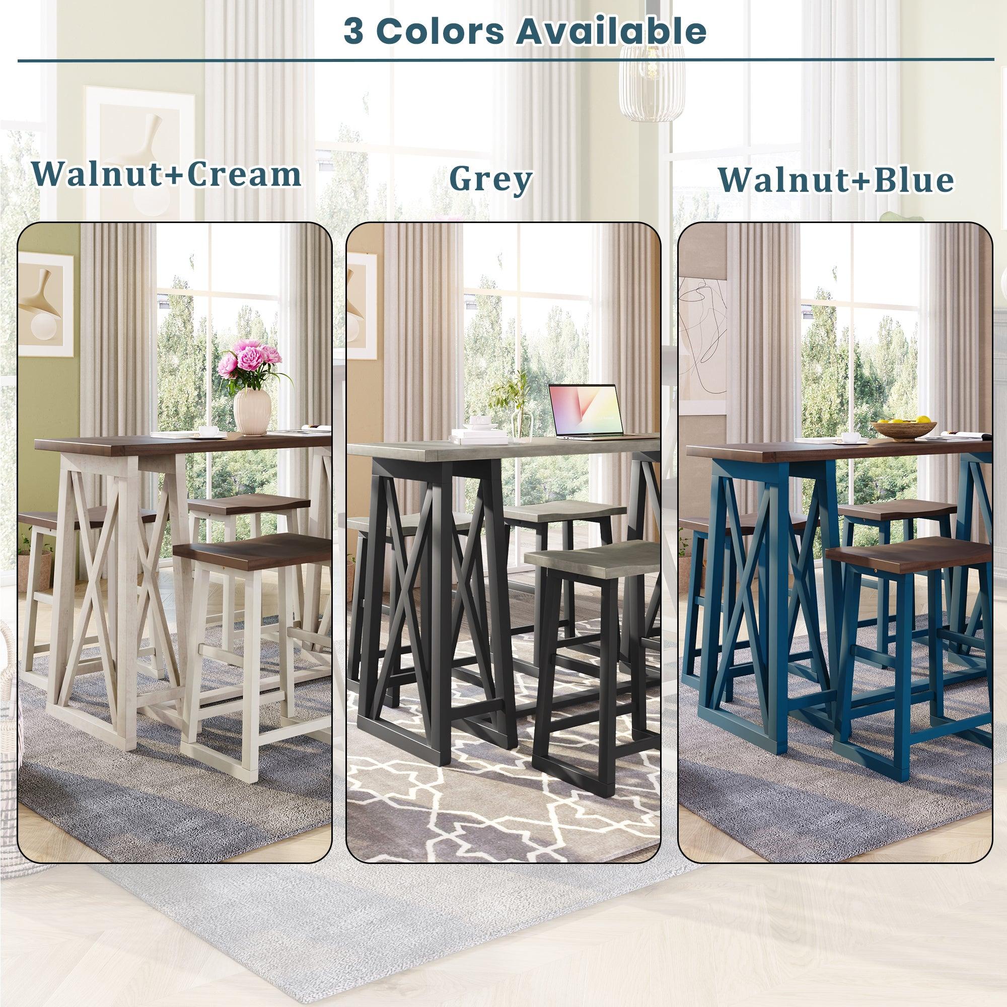 Rustic Counter Height 5-Piece Dining Set, Wood Console Table Set with 4 Stools for Small Places,Walnut+Blue