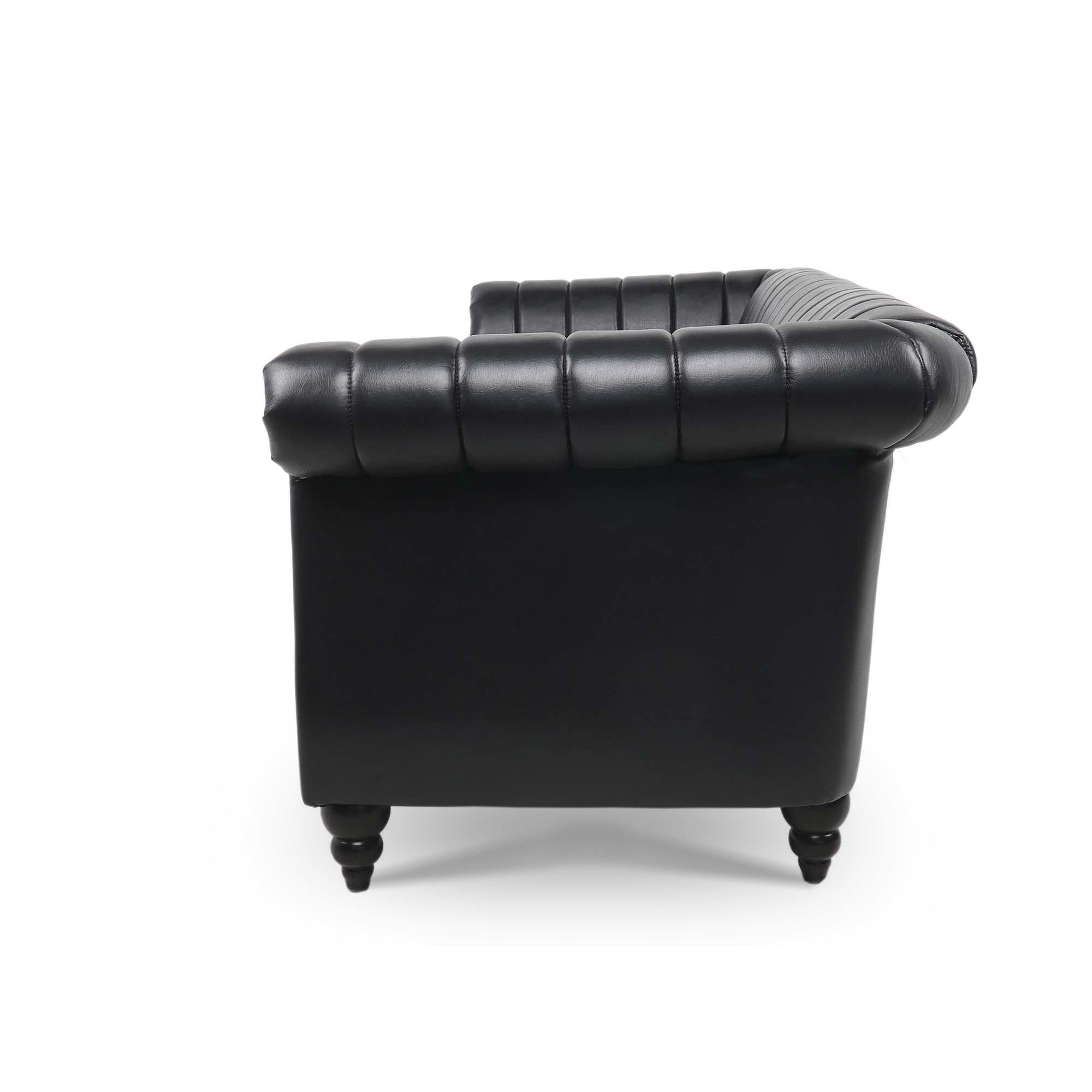 83.46'' Black PU Rolled Arm Chesterfield Three Seater Sofa.