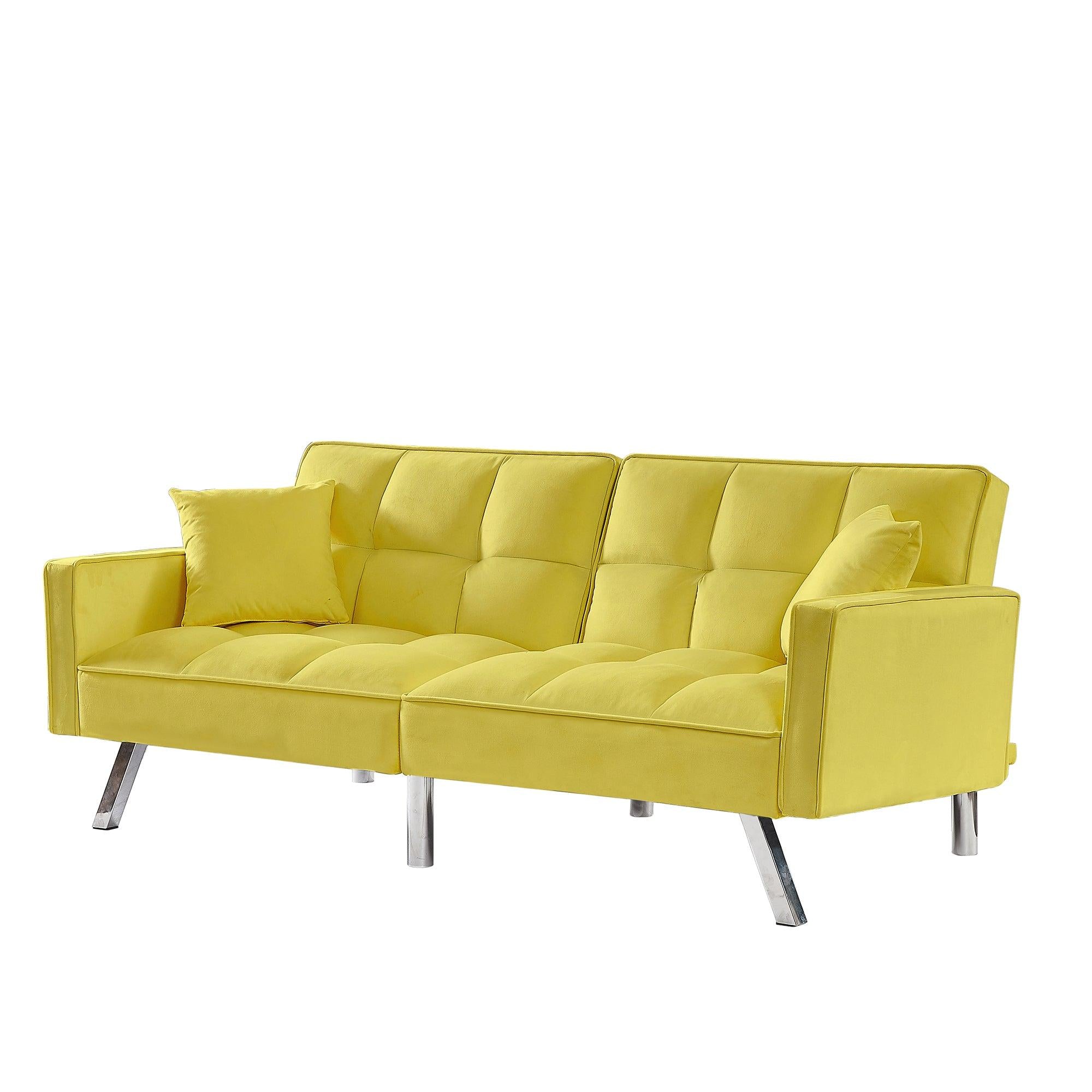 Modern Velvet Sofa Couch Bed with Armrests and 2 Pillows for Living Room and Bedroom .(YELLOW)