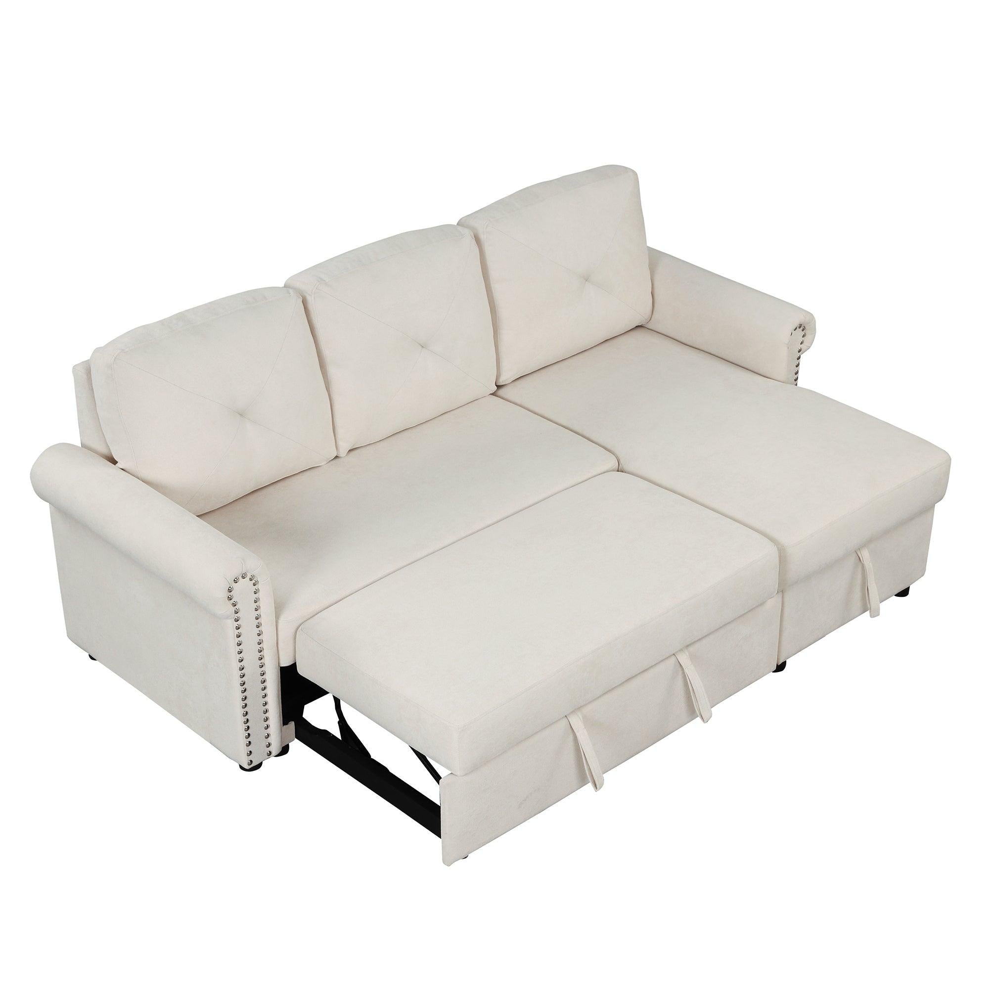 83"Modern Convertible Sleeper Sofa Bed withStorage Chaise,Beige