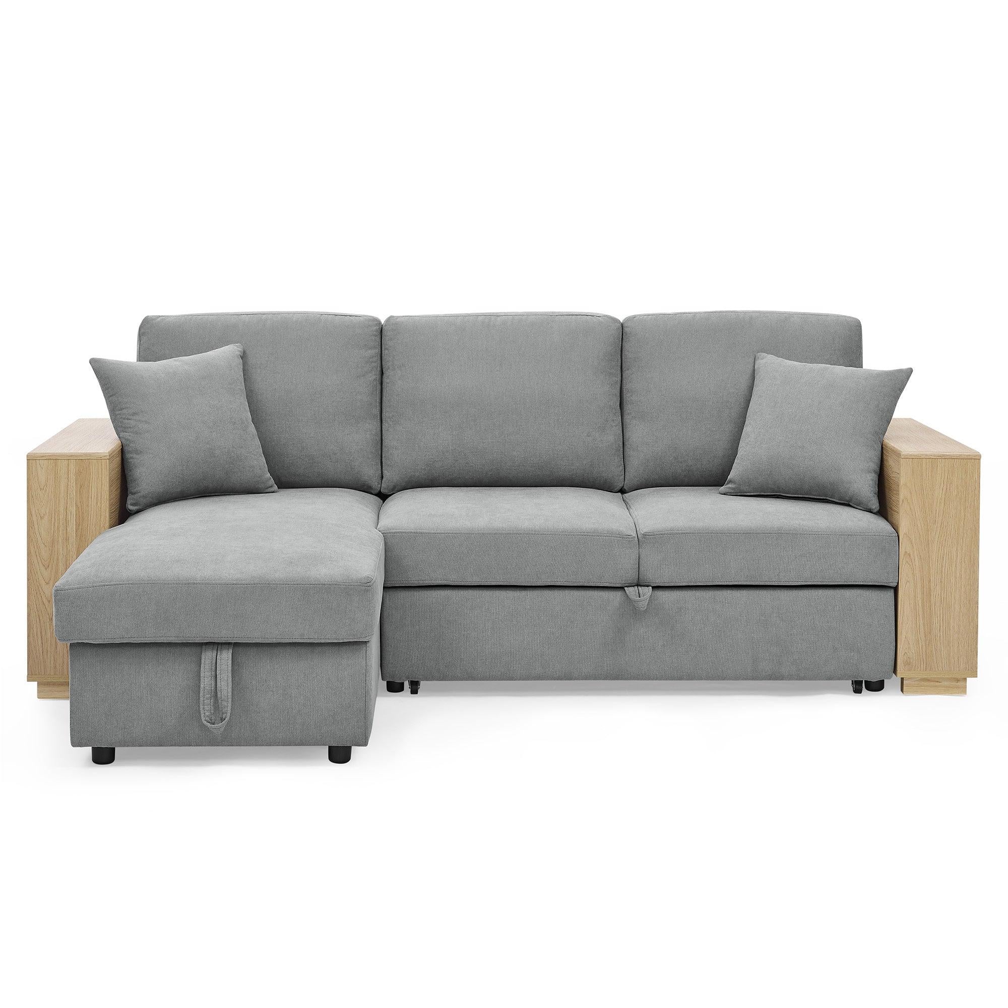 Sectional Sofa with Pulled Out Bed, 2 Seats Sofa and Reversible Chaise withStorage, MDF Shelf Armrest, Two Pillows, Grey, (88" x52" x 34")