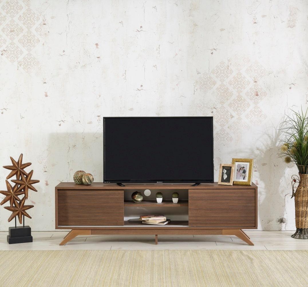 Luxia Mid CenturyModern Tv Stand 2 Sliding Door Cabinet 2 Shelves 67 inch Tv Unit, Walnut image