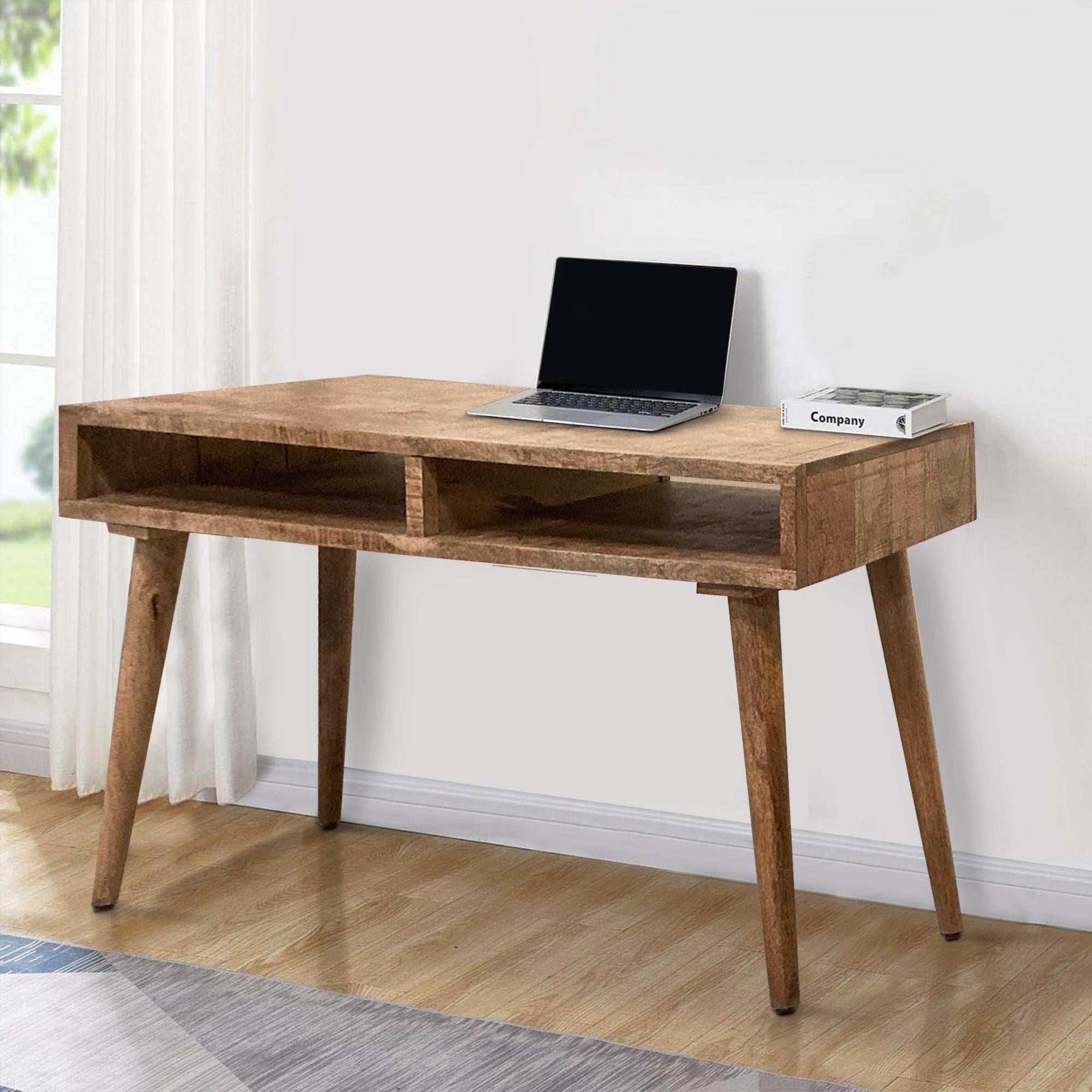 48 Inch Minimalist ManWood Desk, 2 Compartments, Splayed Legs, Weathered Oak Brown