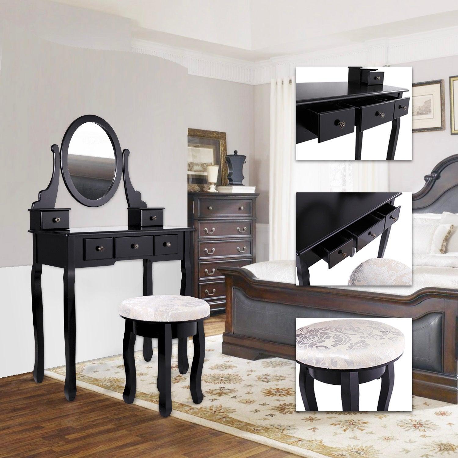 Makeup Desk Vanity Dressing Table Set W/ Round Mirror Stool 5Storage Drawers image