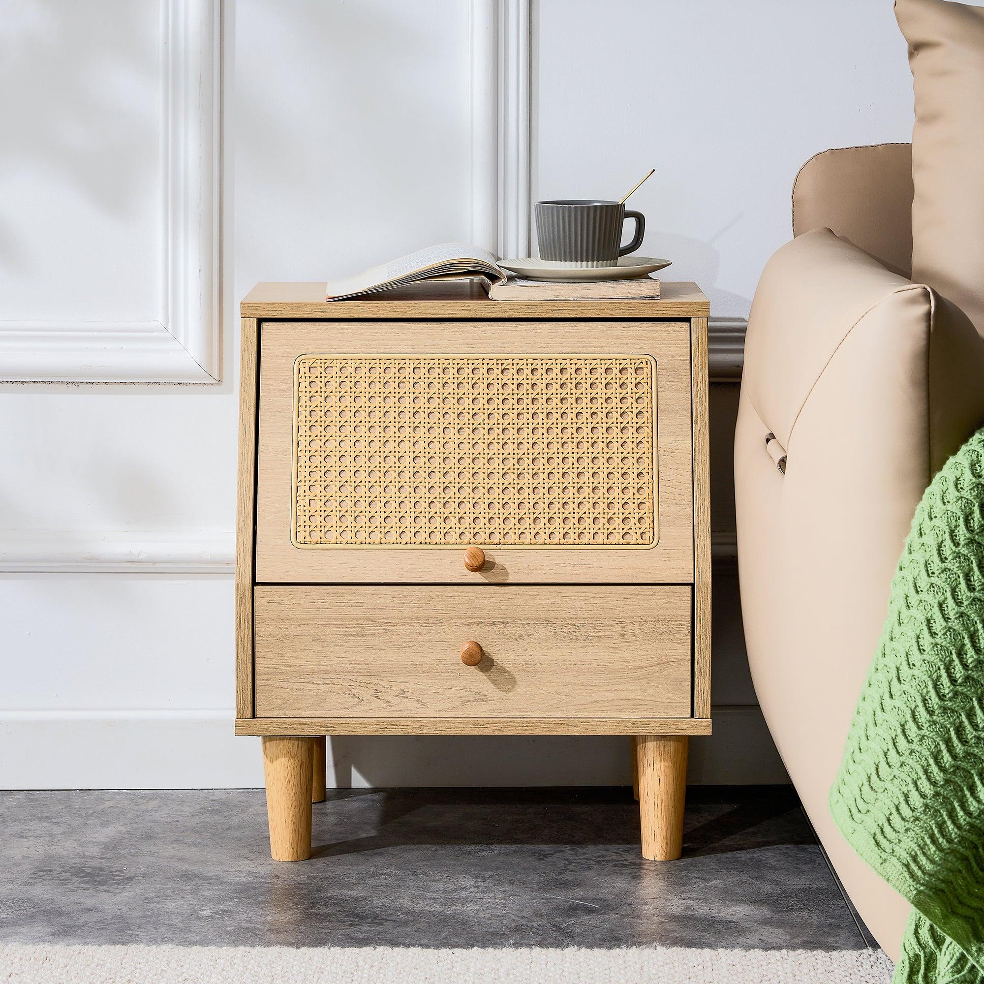 Modern simpleStorage cabinet MDF Board bedside cabinet Japanese rattan bedside cabinet Small household furniture bedside table.Applicable to dressing table in bedroom, porch, living room.2 Drawers image