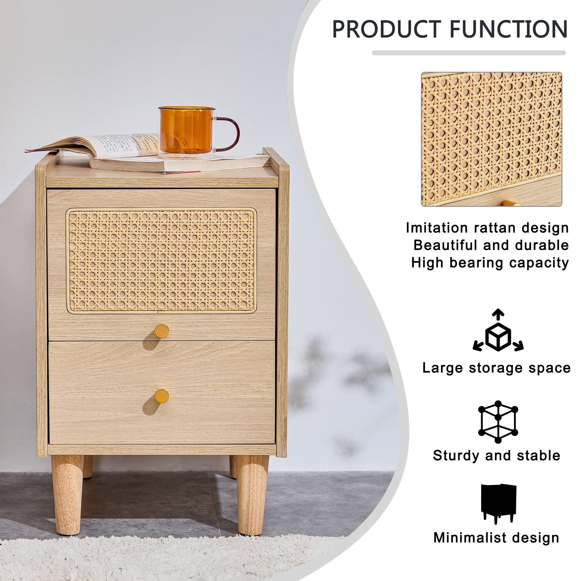 Modern simpleStorage cabinet MDF Board bedside cabinet Japanese rattan bedside cabinet Small household furniture bedside table.Applicable to dressing table in bedroom, porch, living room.2 Drawers