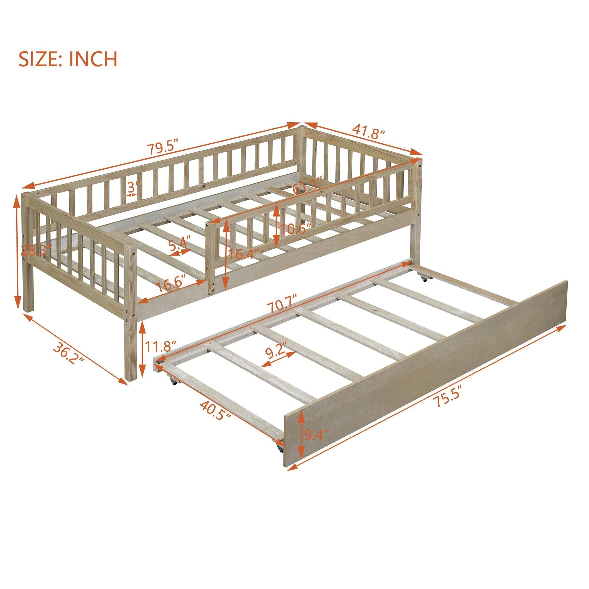 Twin Size Wood Daybed with Trundle and Fence Guardrails, Natural