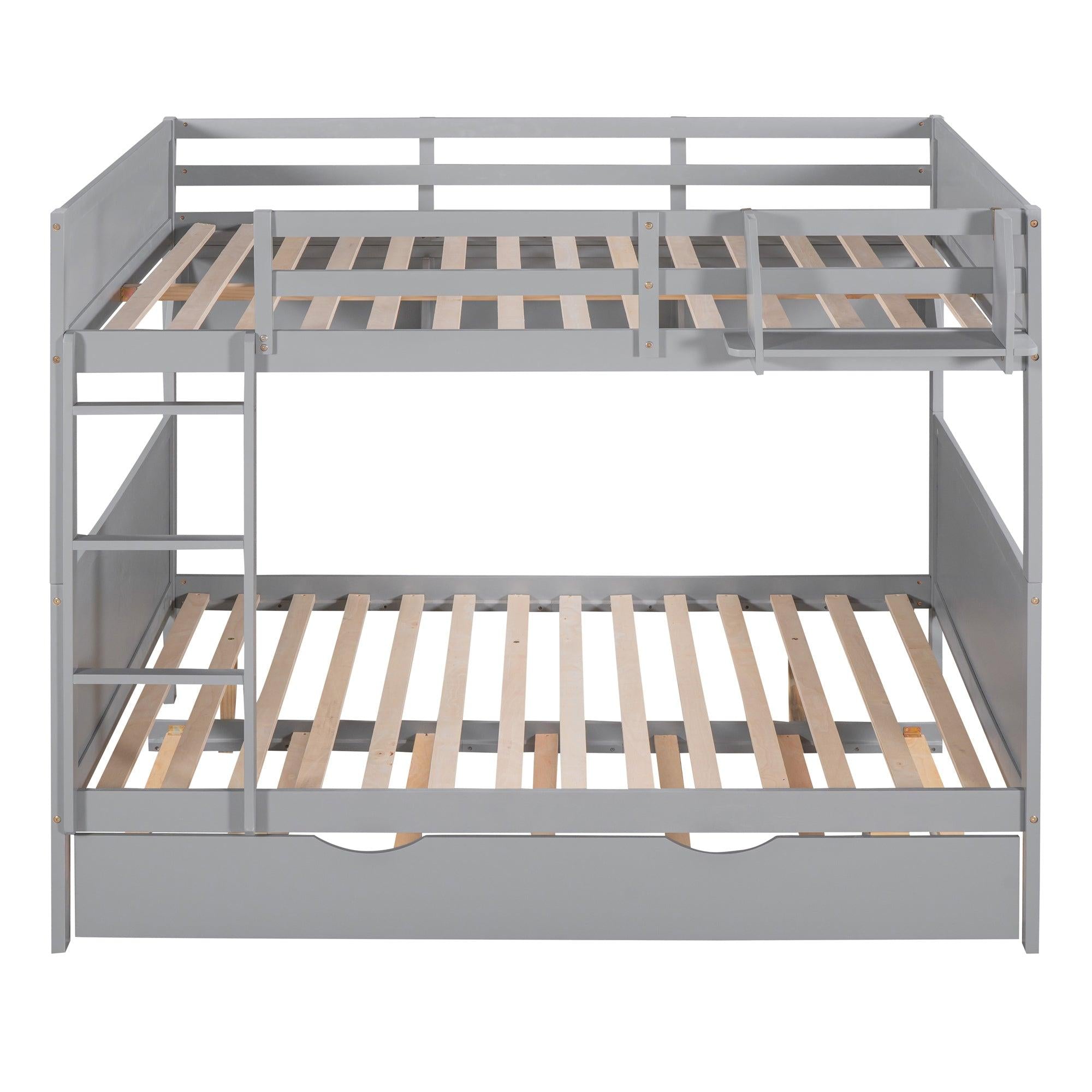 Full-Over-Full Bunk Bed with Twin size Trundle , Separable Bunk Bed with Bookshelf for Bedroom-Gray