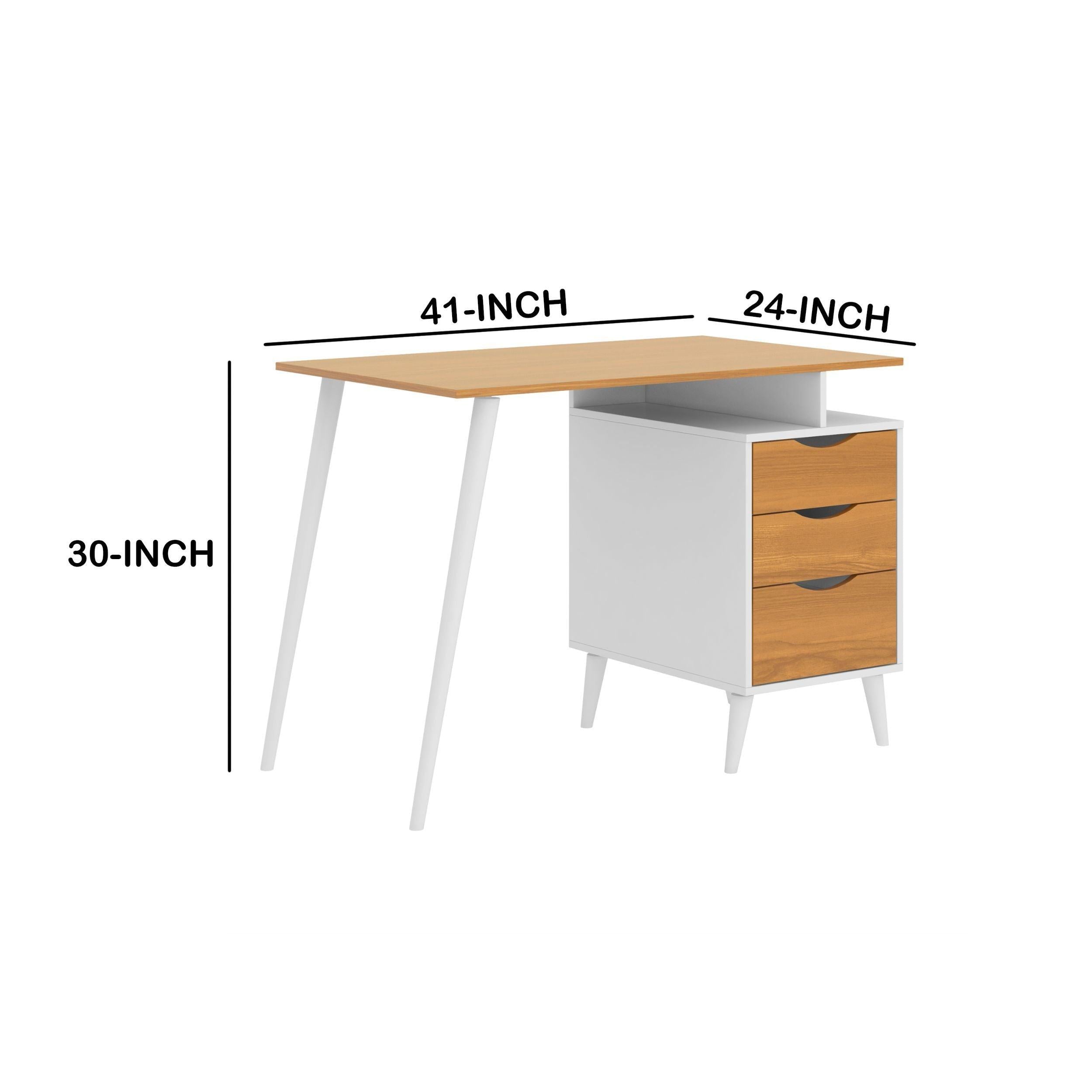 Wooden Office Computer Desk with Angled Legs & Attached File Cabinet, White & Brown