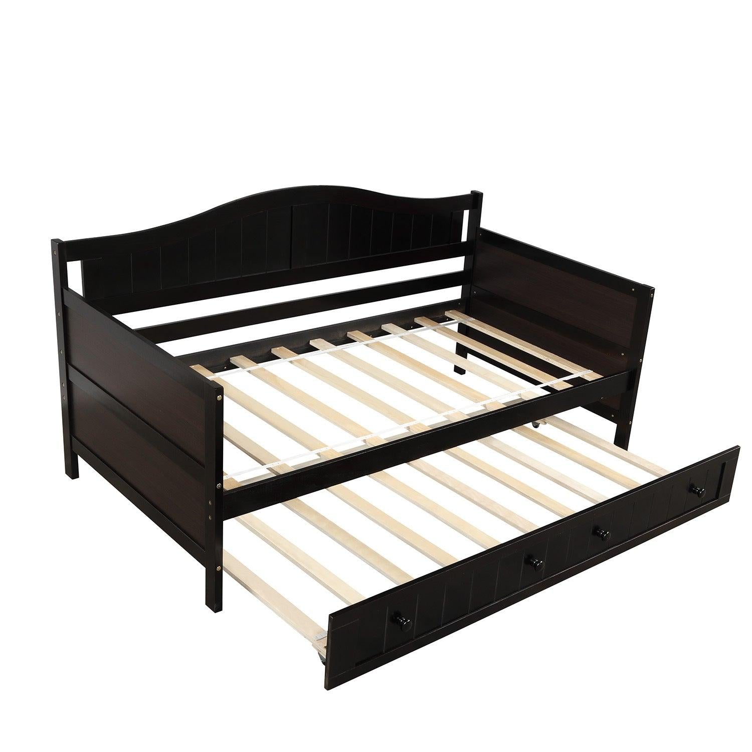 Twin Wooden Daybed with Trundle Bed, Sofa Bed for Bedroom Living Room, Espresso