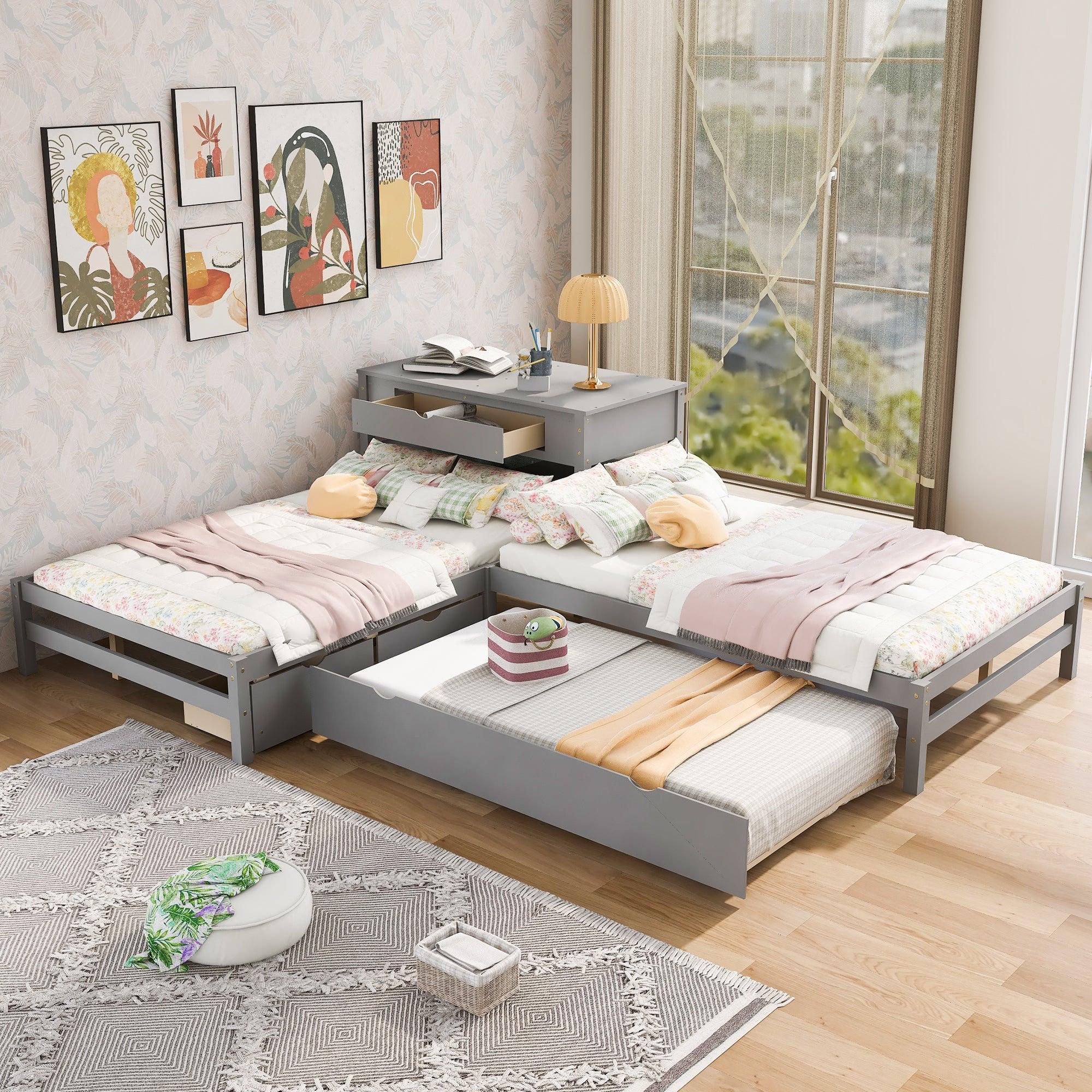 Full Size L-shaped Platform Beds with Twin Size Trundle and Drawers Linked with Built-in Rectangle Table,Gray image