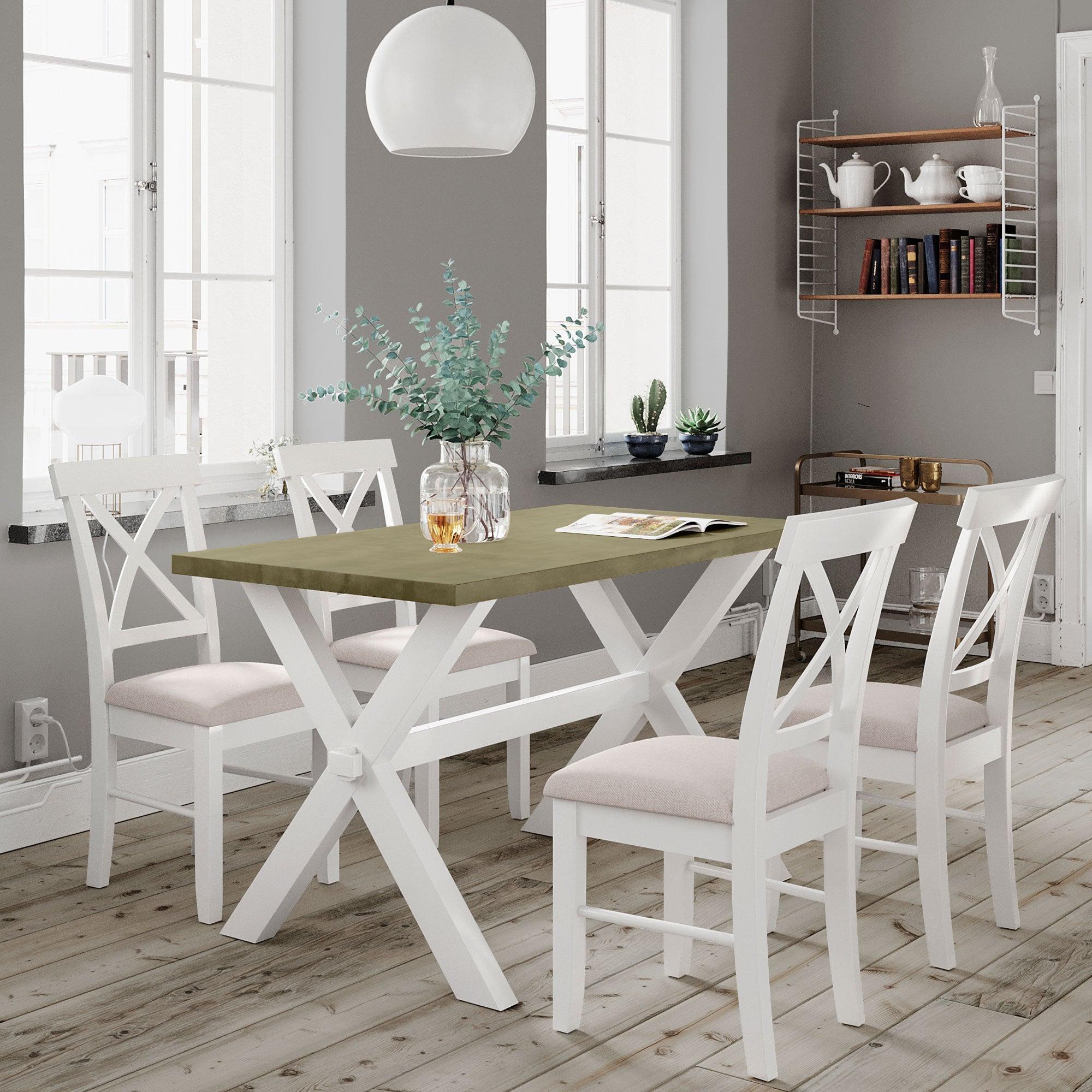 5 Pieces Farmhouse Rustic Wood Kitchen Dining Table Set with Upholstered 4 X-back Chairs, Gray Green+White+Beige