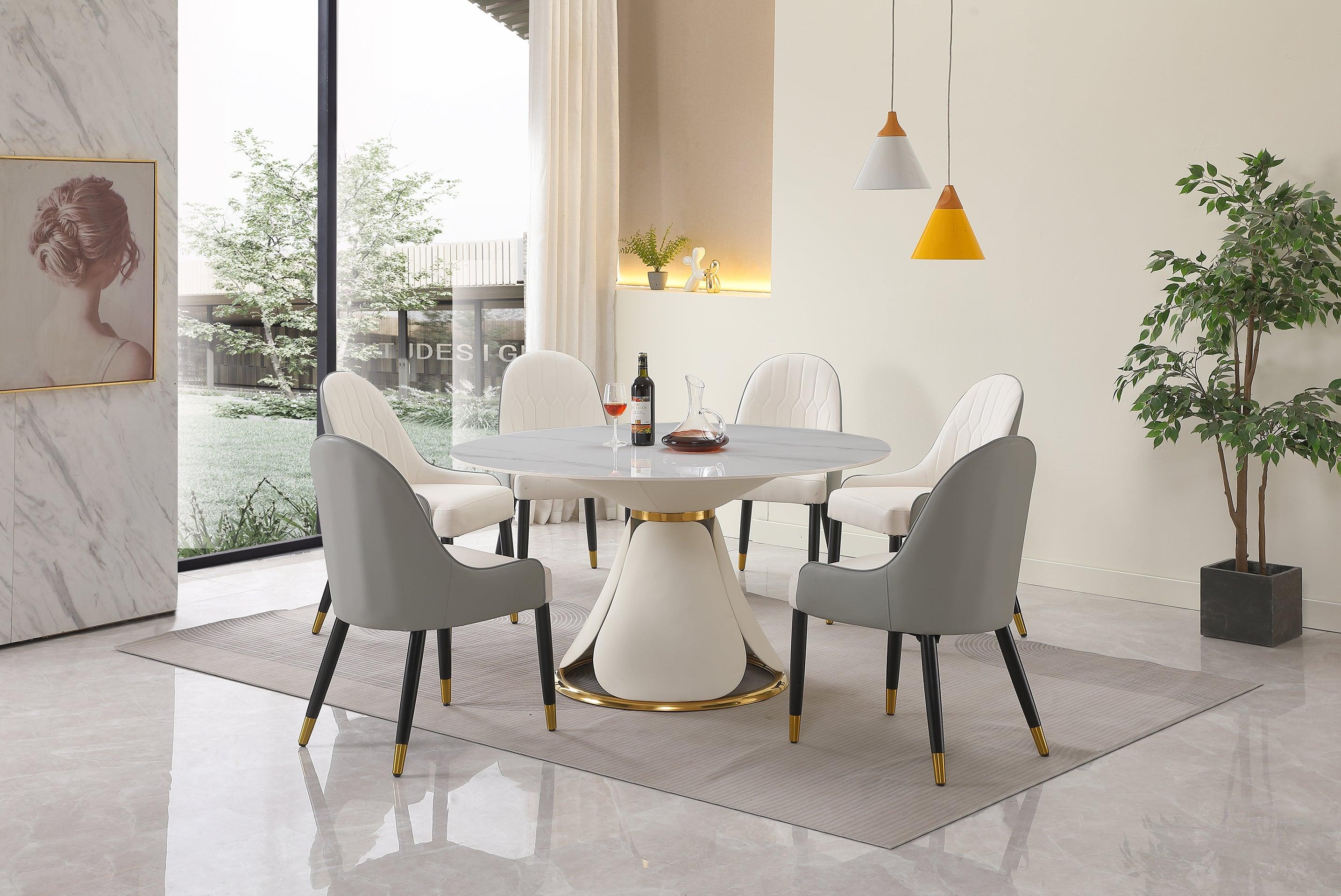 53“Modern sintered stone round dining table with stainless steel base with 6 pcs chairs