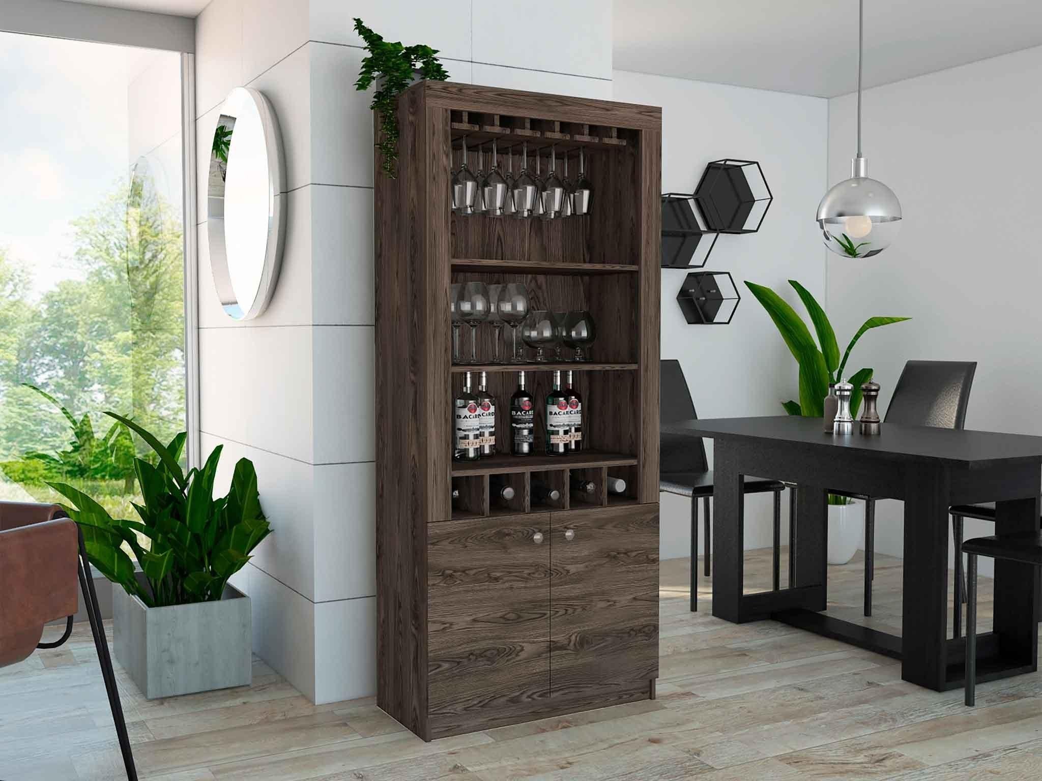 Plympton 3-Shelf Rectangle 5-Bottle Bar Cabinet  Dark Walnut image