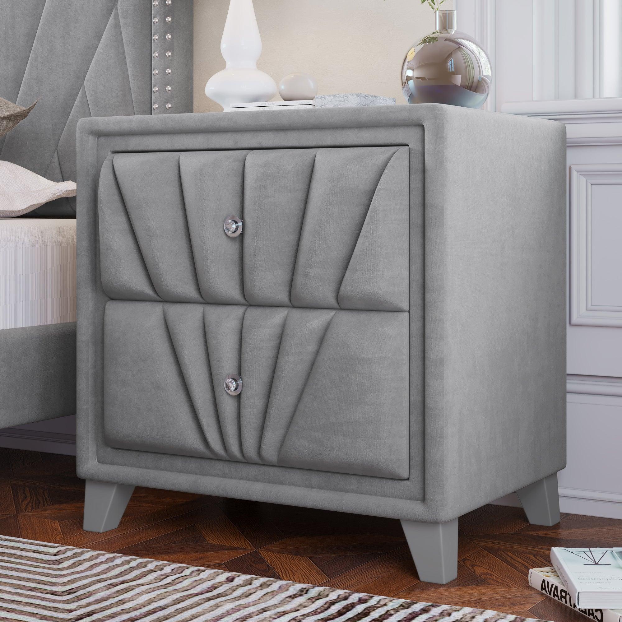 Contemporary Velvet Upholstered Glass Top Nightstand End table with Two Drawers Gray Solid Wood,Gray