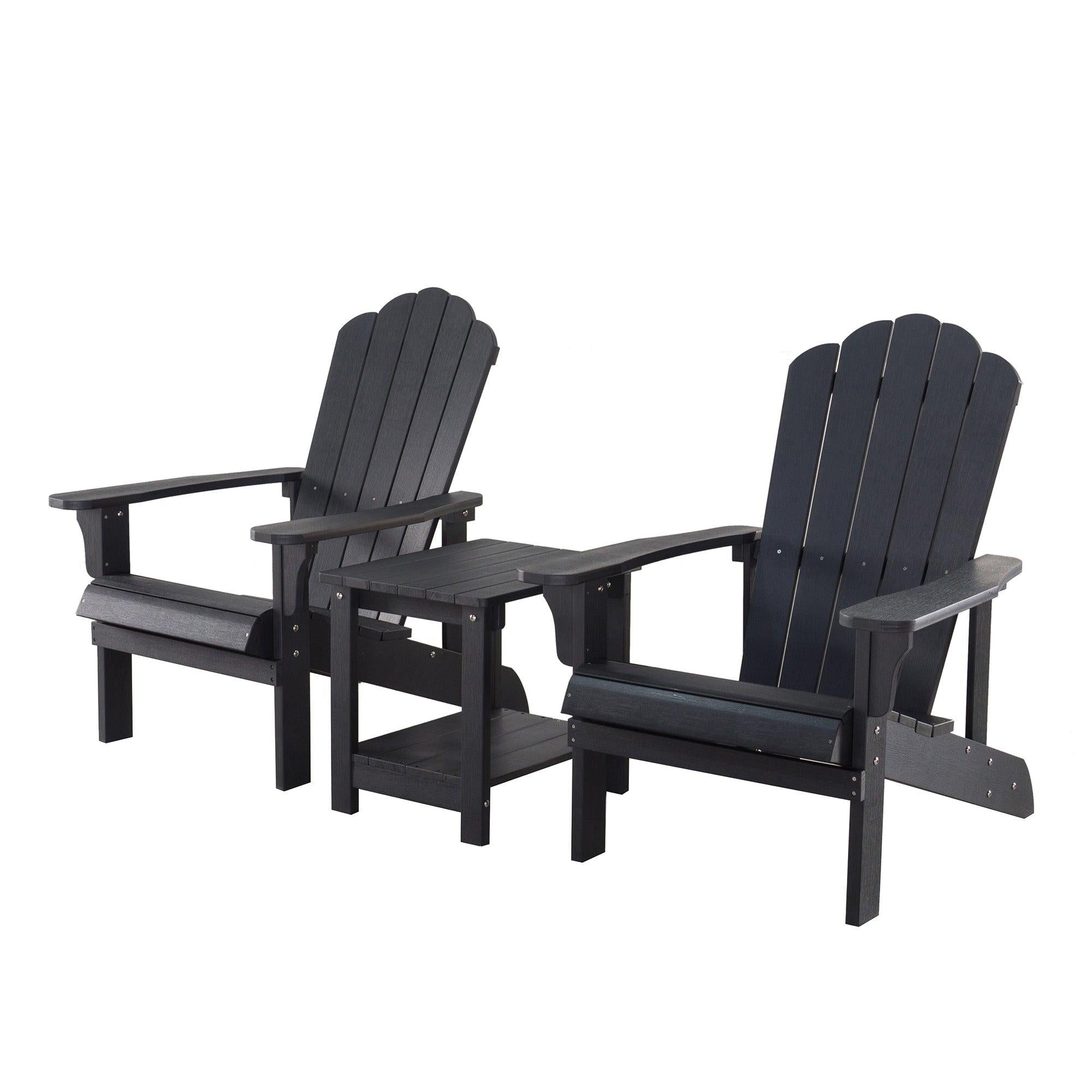 Key West 3 Piece Outdoor Patio All-Weather Plastic Wood Adirondack Bistro Set, 2 Adirondack chairs, and 1 small, side, end table set for Deck, Backyards, Garden, Lawns, Poolside, and Beaches, Black