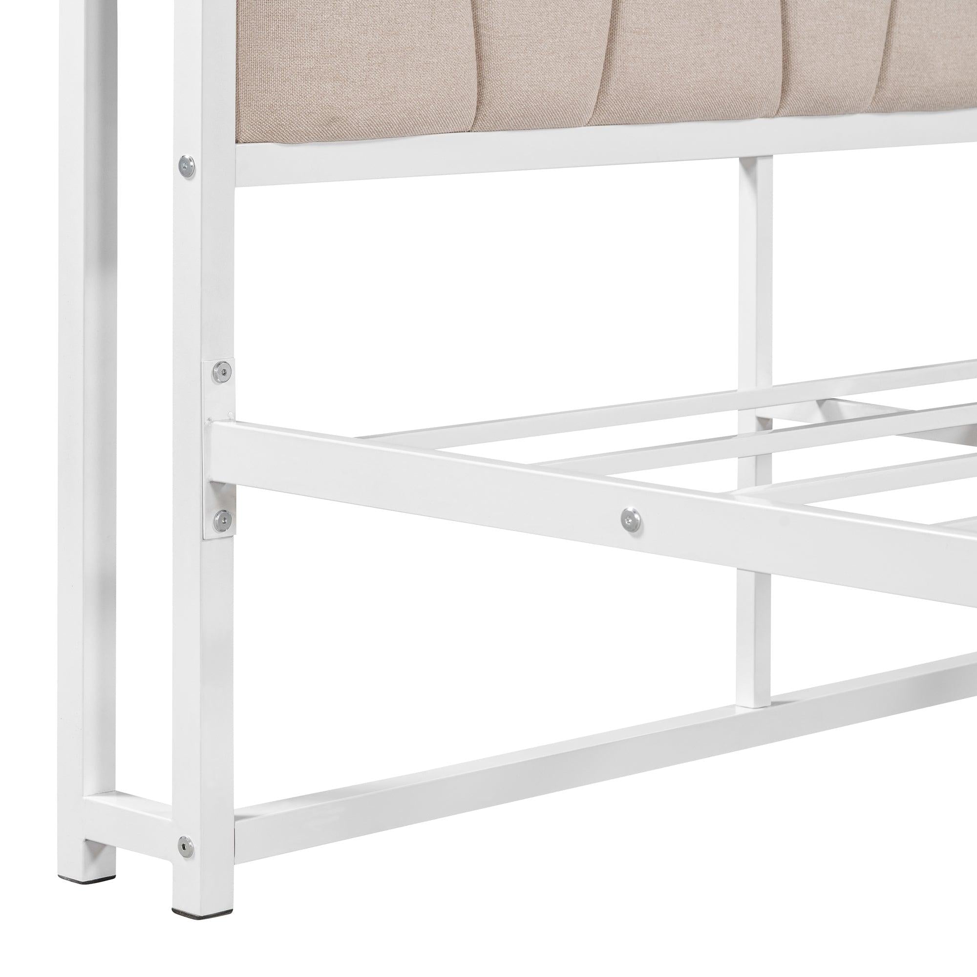 Queen Size Metal Platform Bed Frame with Twin size trundle, Upholstered headboard ，Sockets, USB Ports and Slat Support ,No Box Spring Needed，White