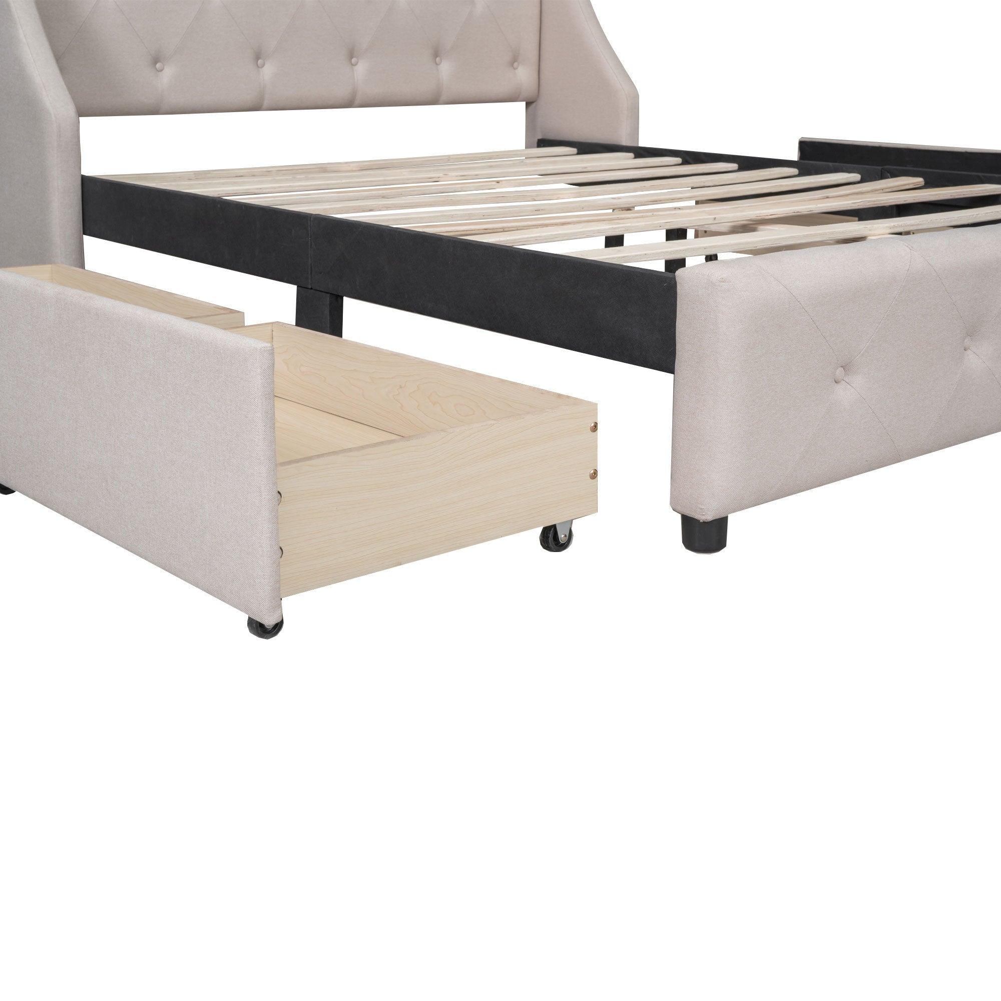 Upholstered Platform Bed with Wingback Tufted Headboard and 4 Drawers, No Box Spring Needed, Linen Fabric, Queen Size Beige