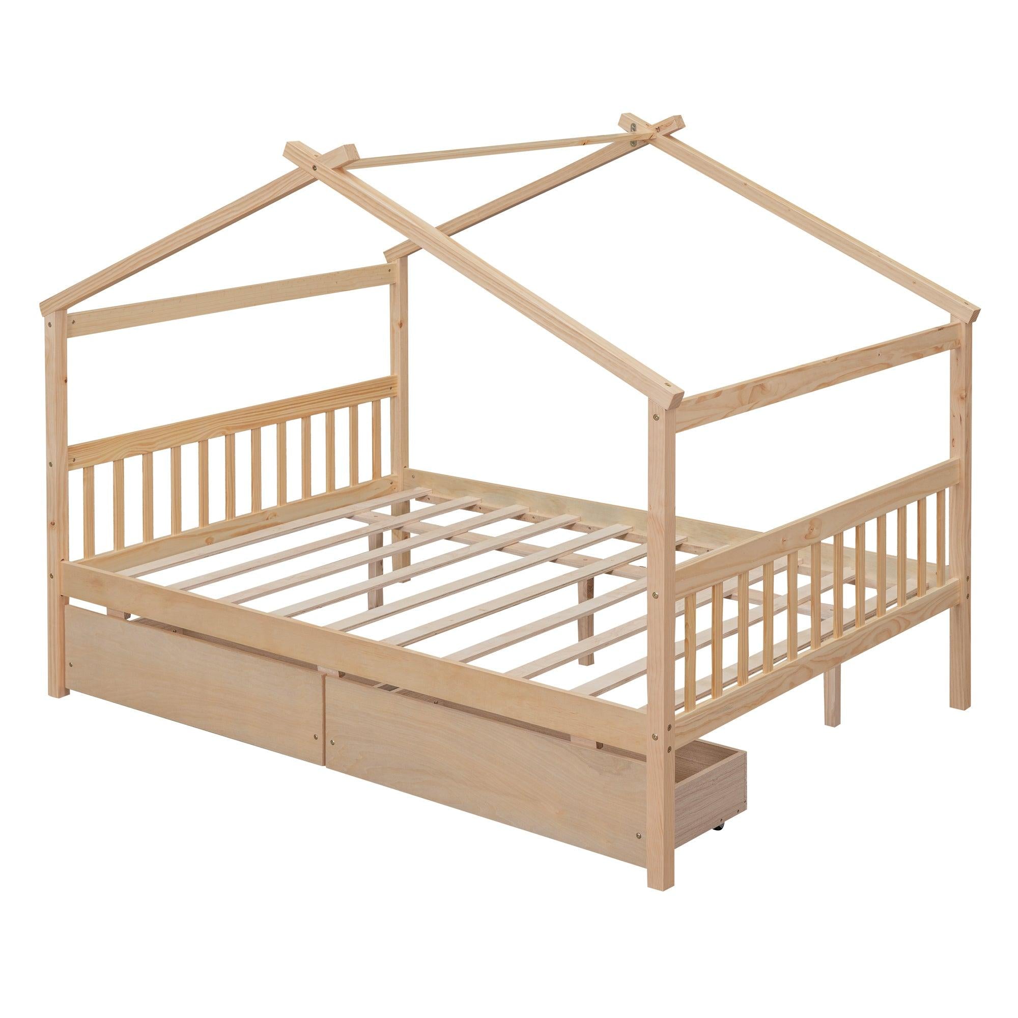 Full Size Wooden House Bed with Drawers, Natural