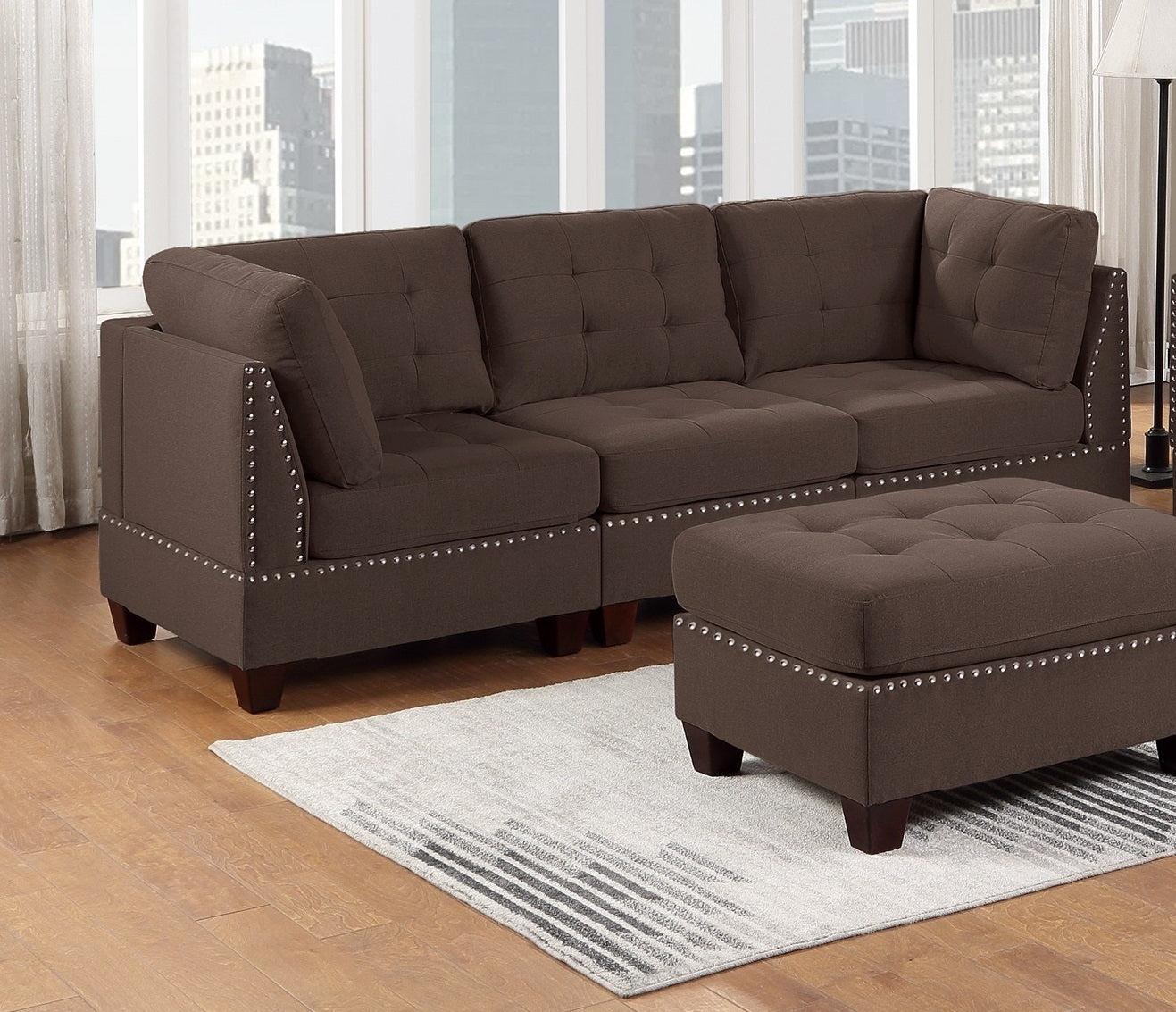 Modular Sofa Set 6pc Set Living Room Furniture Sofa Loveseat Tufted Couch Nail heads Black Coffee Linen Like Fabric 4x Corner Wedge 1x Armless Chair and 1x Ottoman