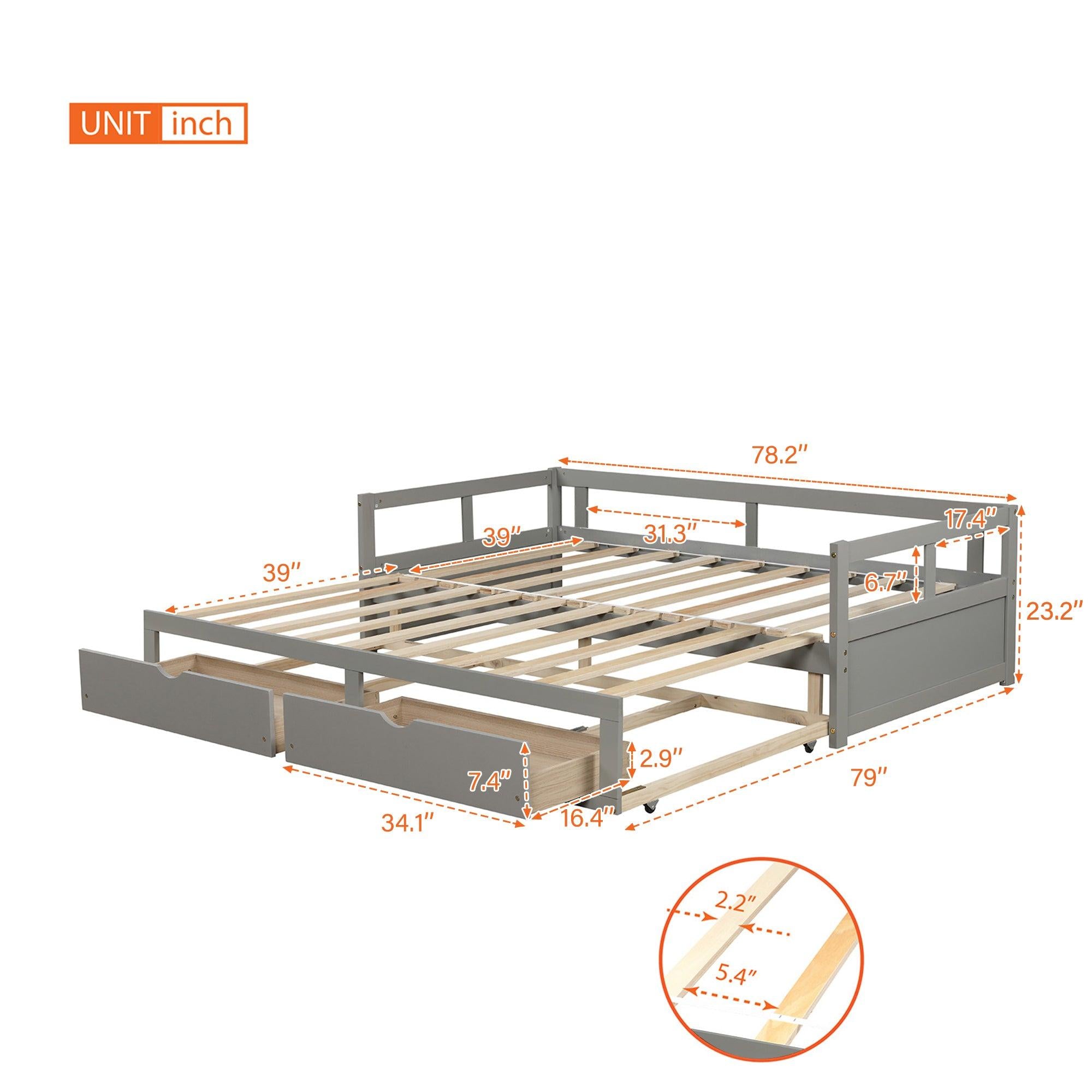 Wooden Daybed with Trundle Bed and TwoStorage Drawers , Extendable Bed Daybed,Sofa Bed for Bedroom Living Room, Gray