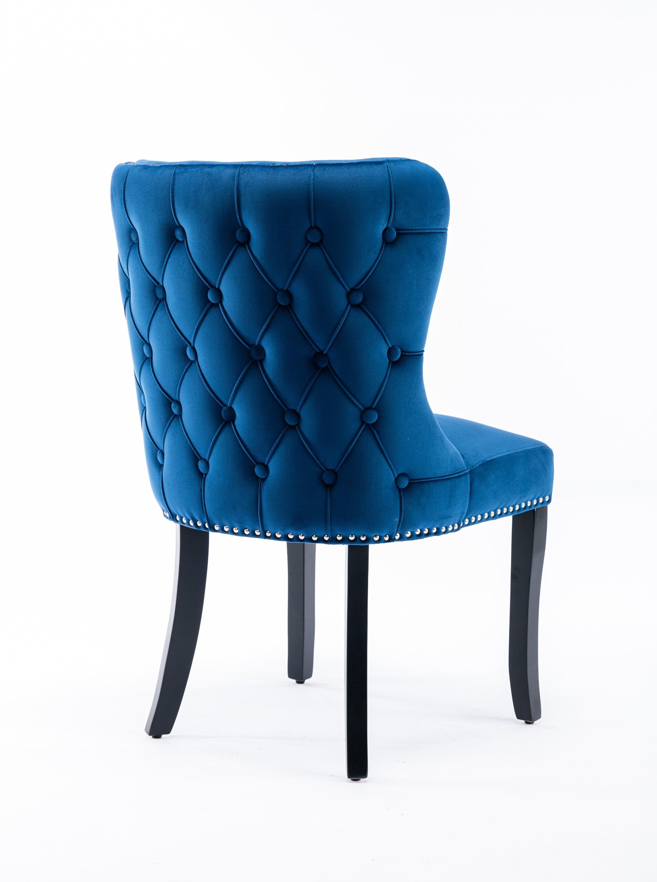 Set of 2 upholstered wing-back dining chair with backstitching nailhead trim and solid wood legs Blue