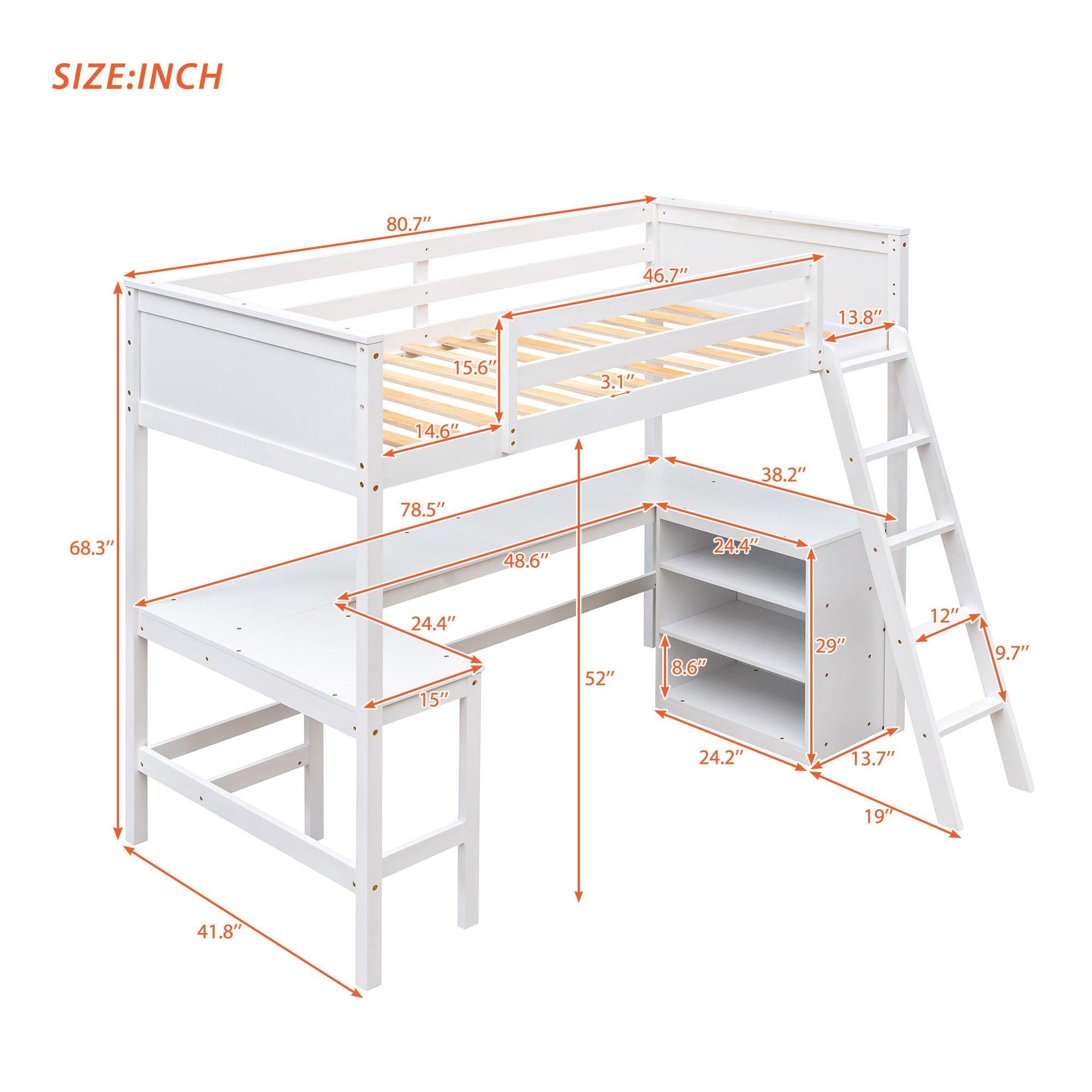 Twin size Loft Bed with Shelves and Desk, Wooden Loft Bed with Desk - White