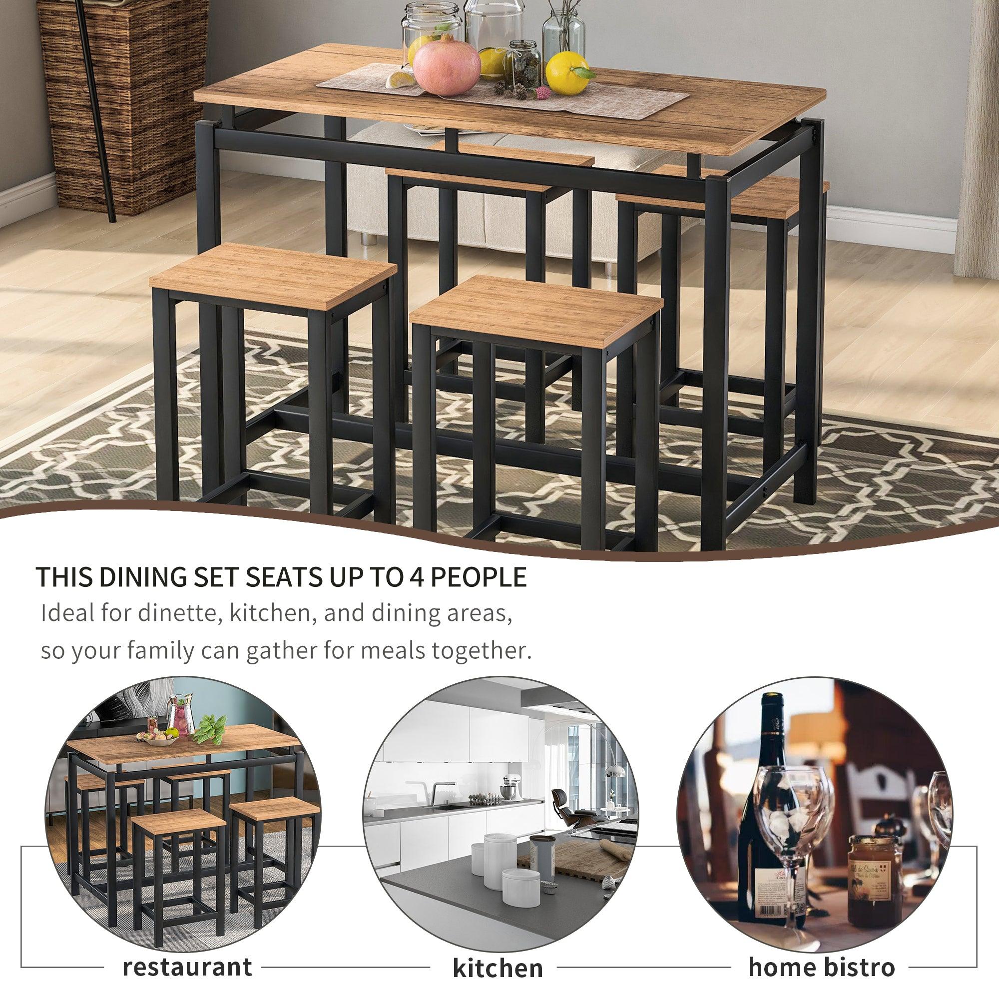 5-Piece Kitchen Counter Height Table Set, Industrial Dining Table with 4 Chairs (Brown)