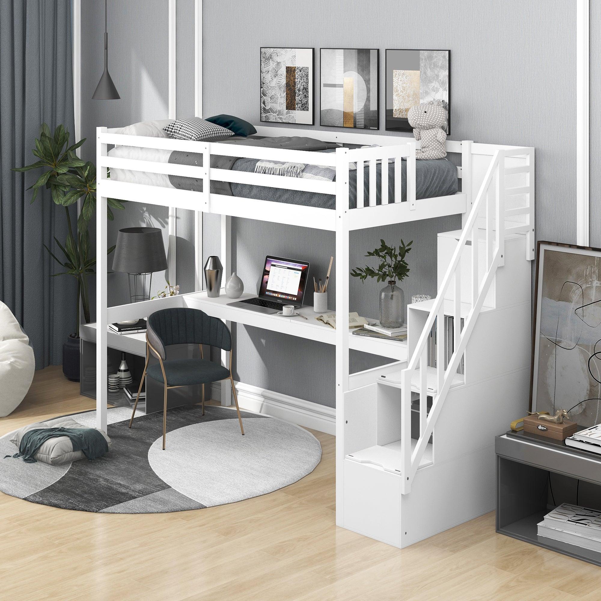 Twin Size Loft Bed with Staircase and Built-in Desk ,White image