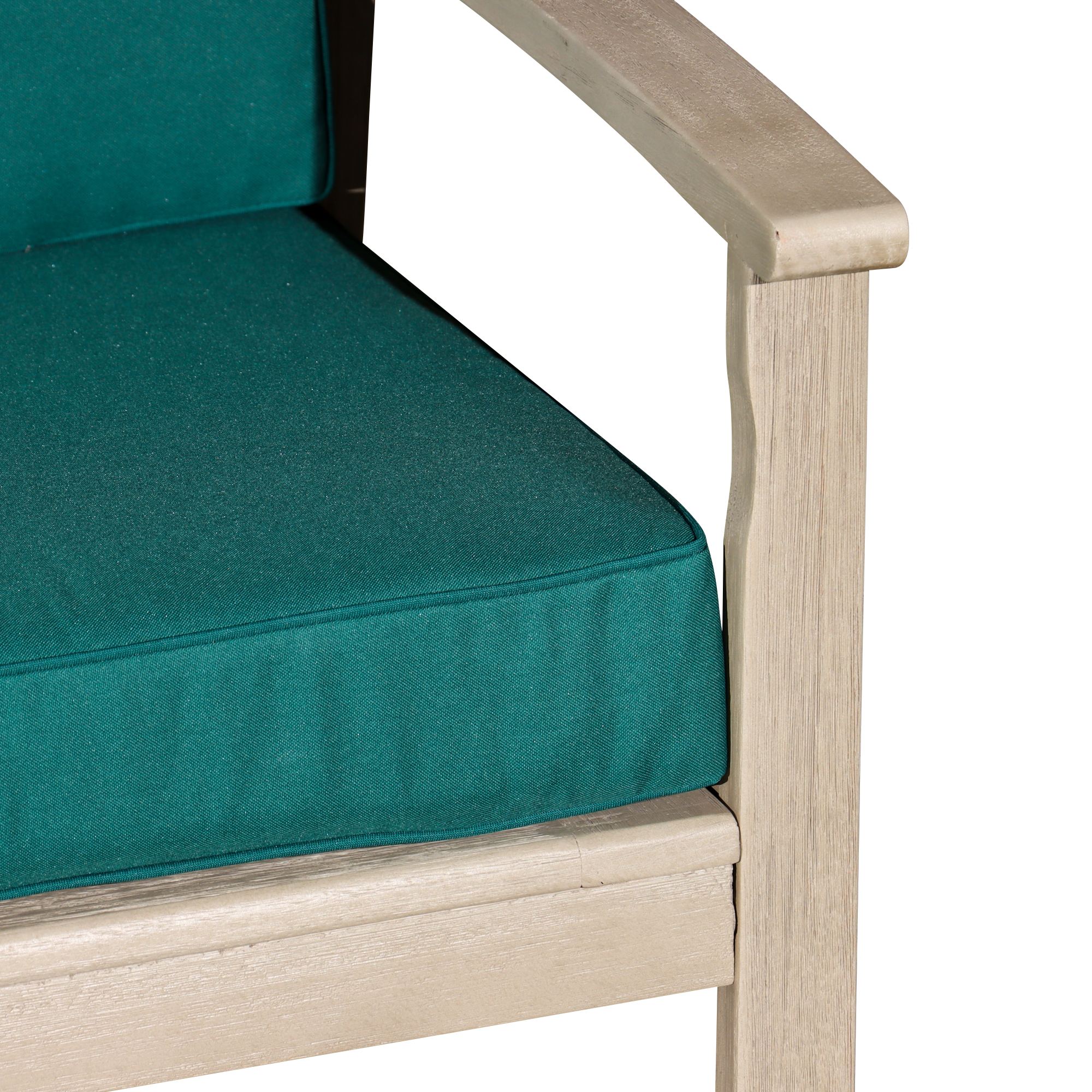 Eucalyptus Loveseat with Cushions, Driftwood Gray Finish, Dark Green Cushions