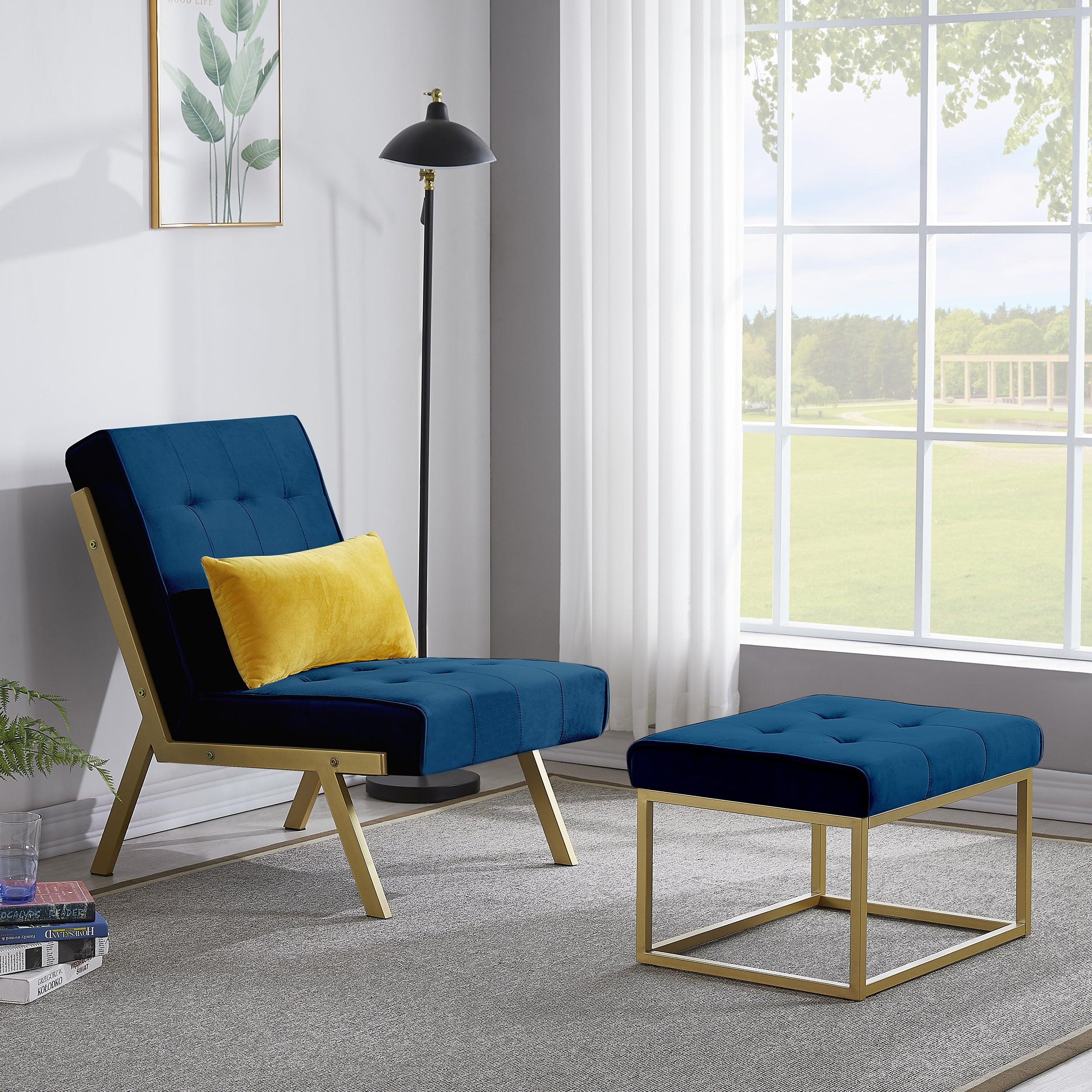 Gold Metal Frame Velvet Upholstery Chair with Ottoman(Navy Blue) image