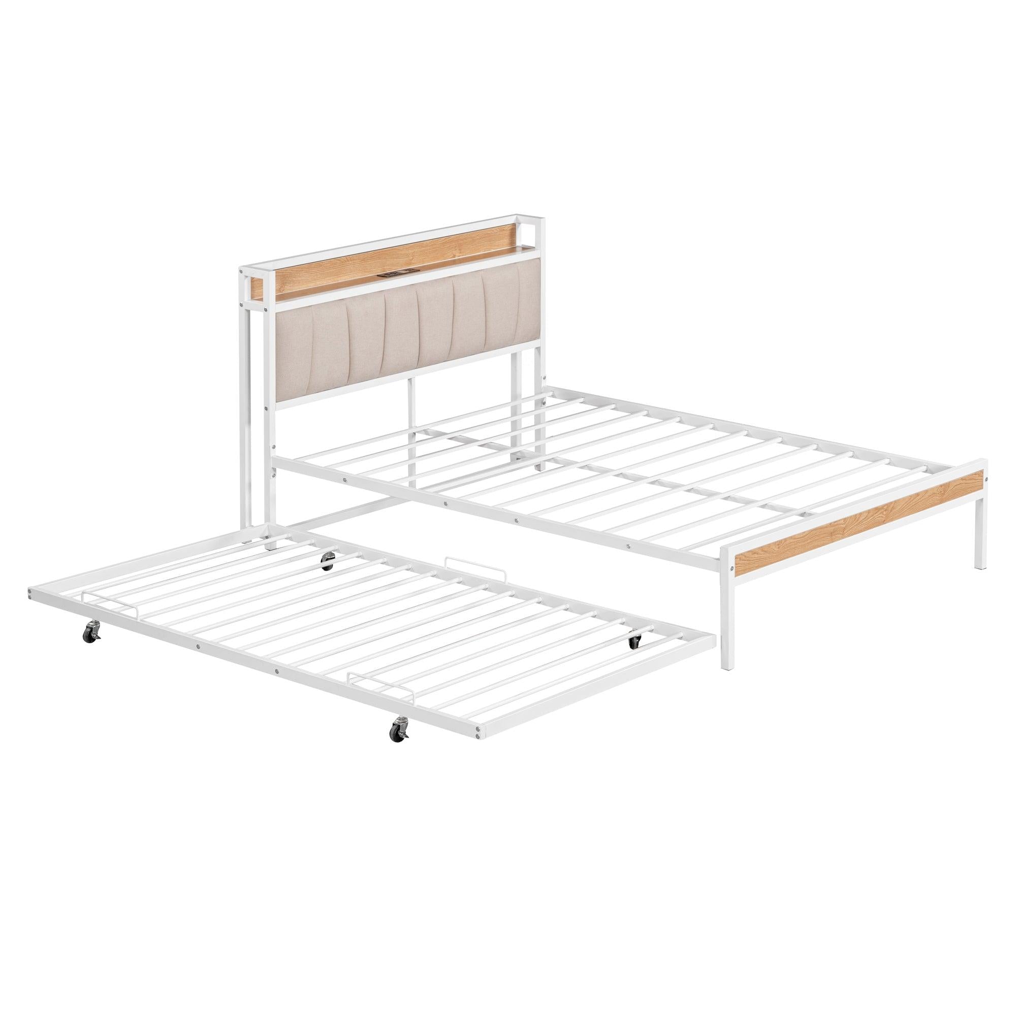 Full Size Metal Platform Bed Frame with Twin size trundle, Upholstered headboard ，Sockets, USB Ports and Slat Support ,No Box Spring Needed，White