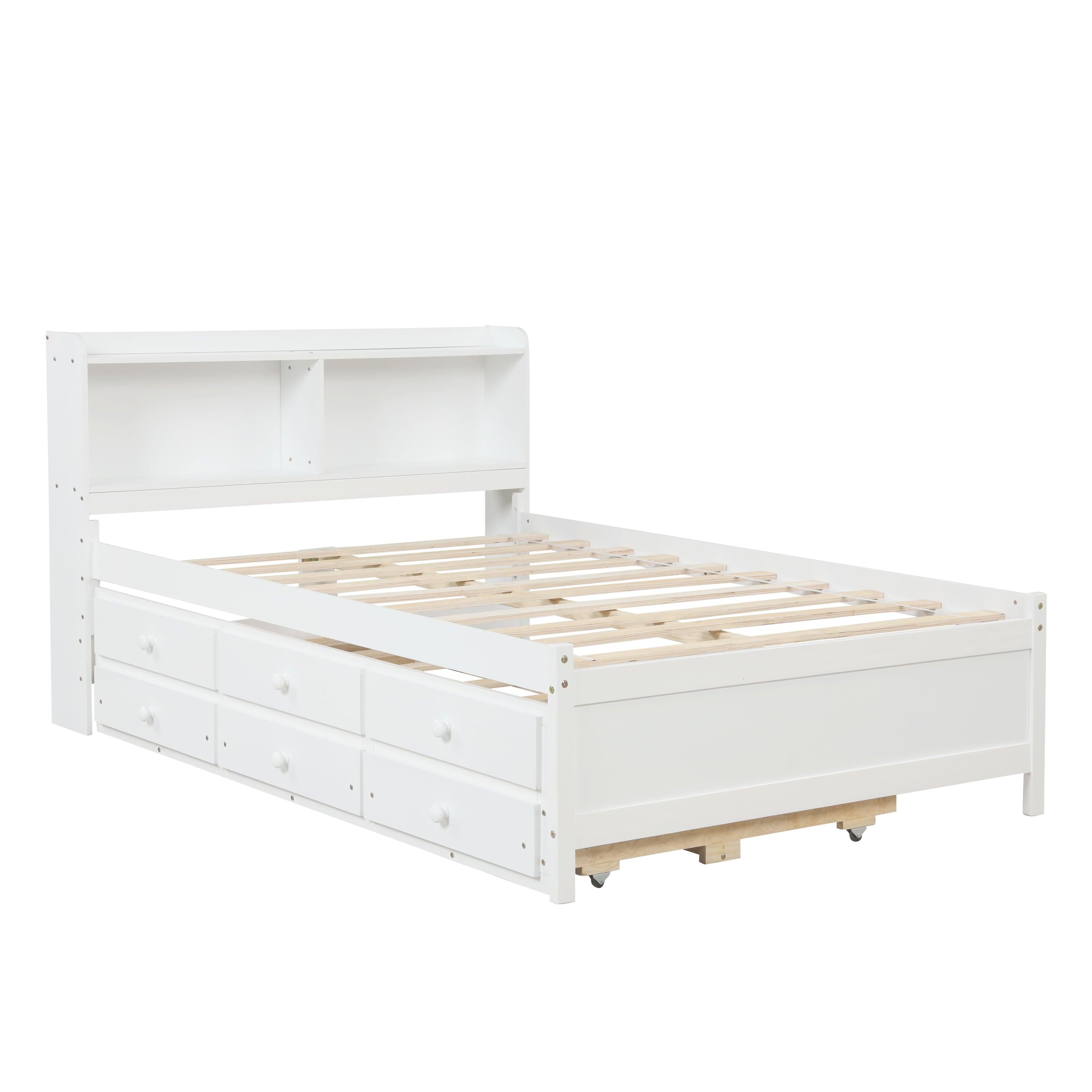 Full Bed with Bookcase,Twin Trundle,Drawers,White