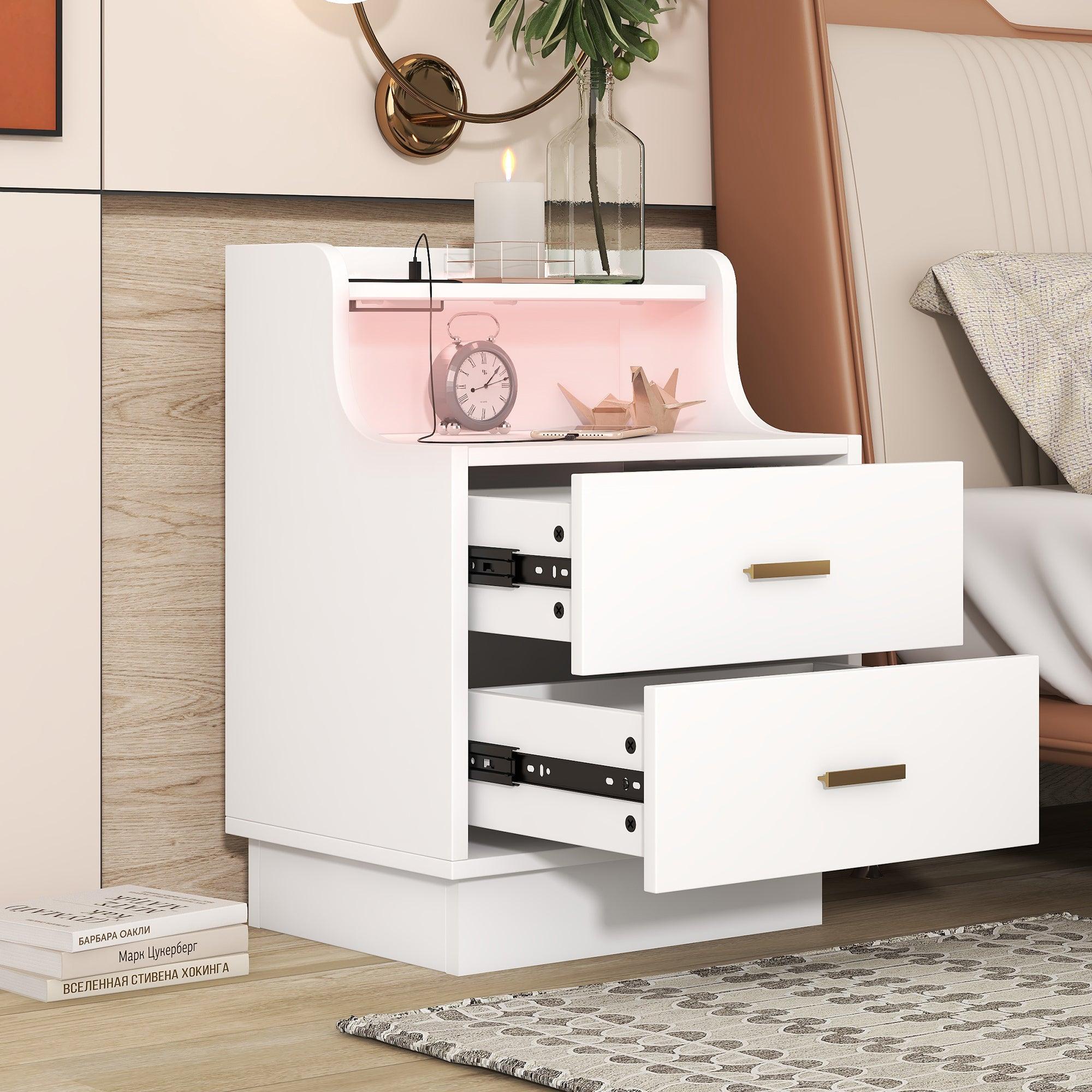 Multifunctional Nightstand with 2 Drawers, Shelf with USB Charging Design and Color-Changing LED, White image