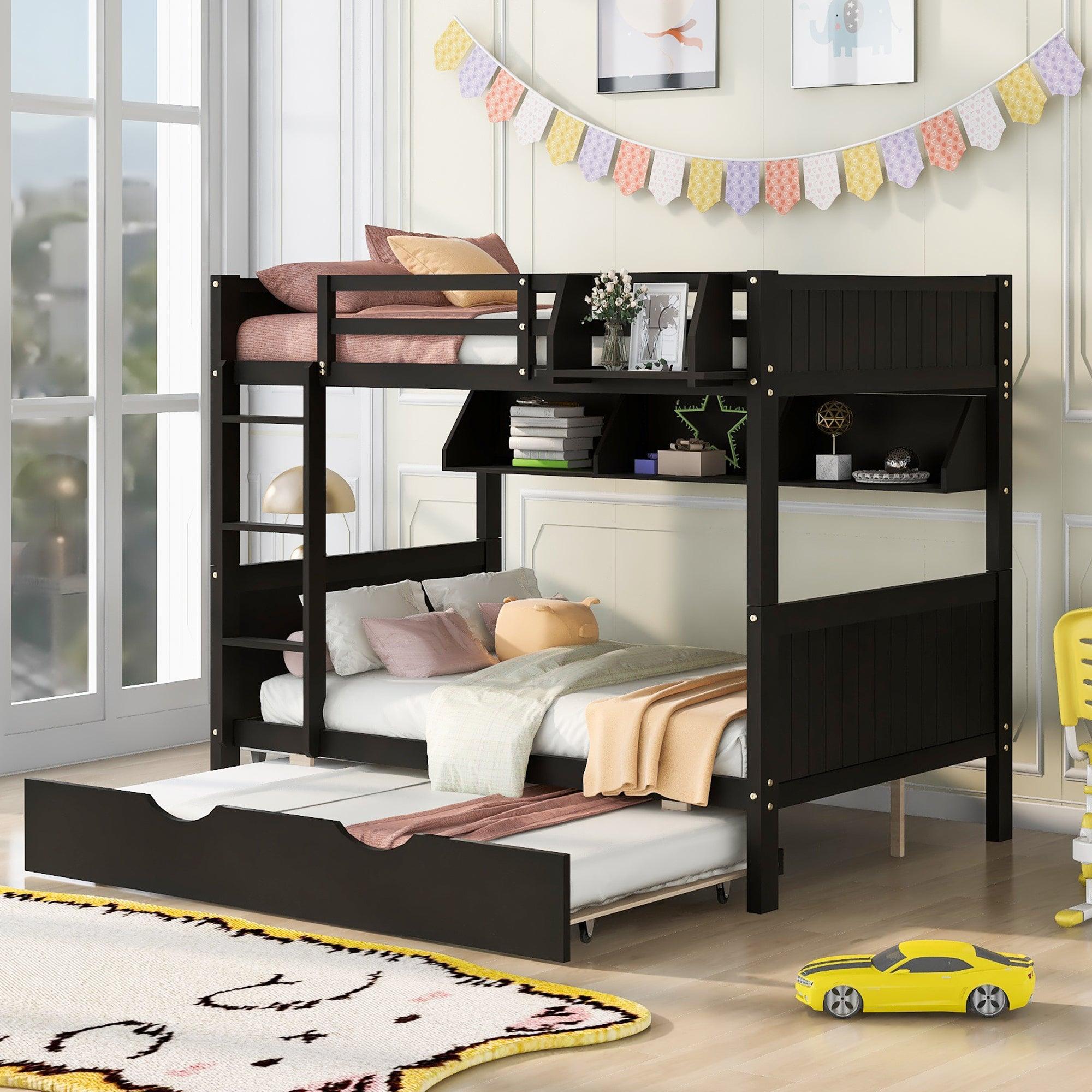 Full-Over-Full Bunk Bed with Twin size Trundle , Separable Bunk Bed with Bookshelf for Bedroom-Espresso image