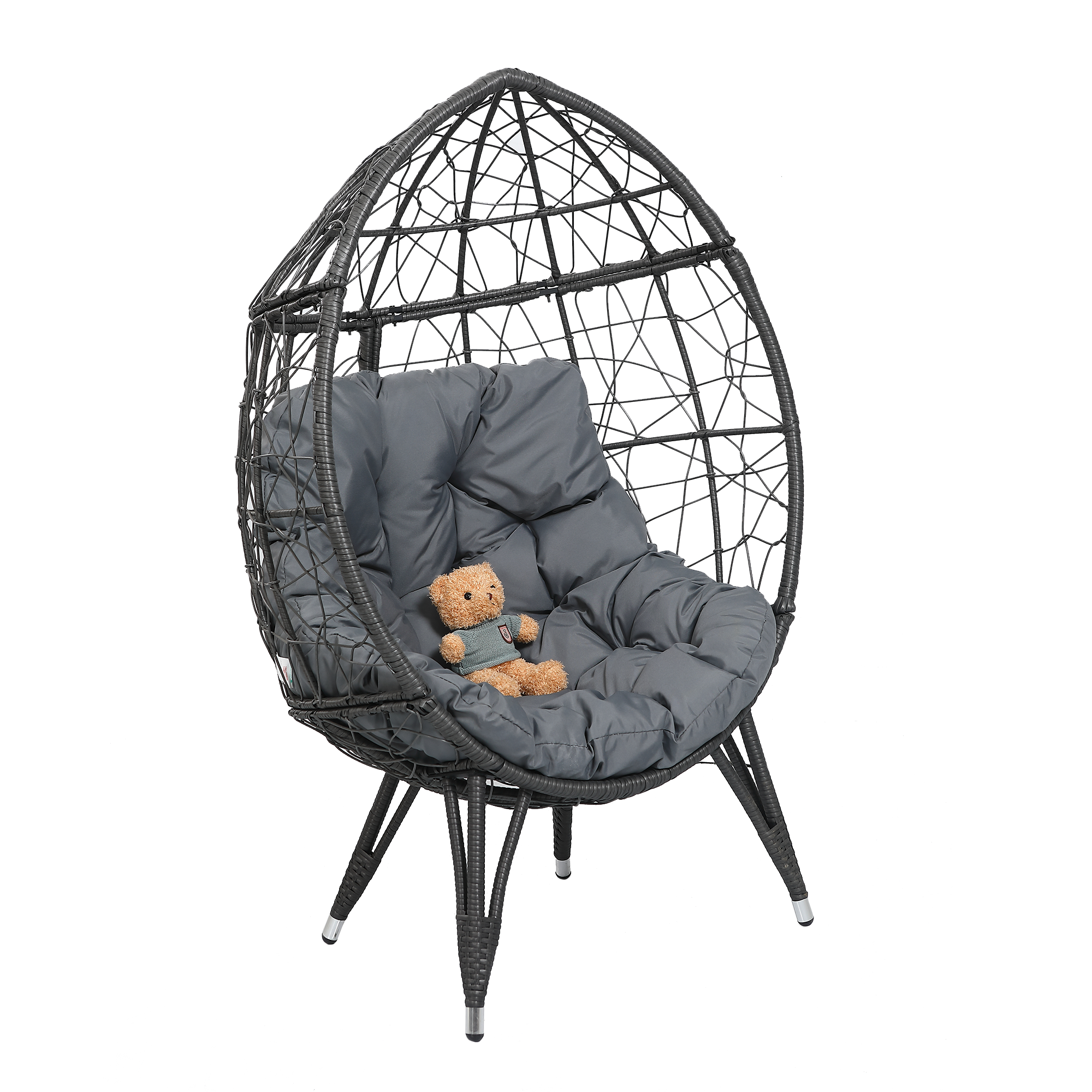 Outdoor Patio Wicker Egg Chair Indoor Basket Wicker Chair with Grey Cusion for Backyard Poolside